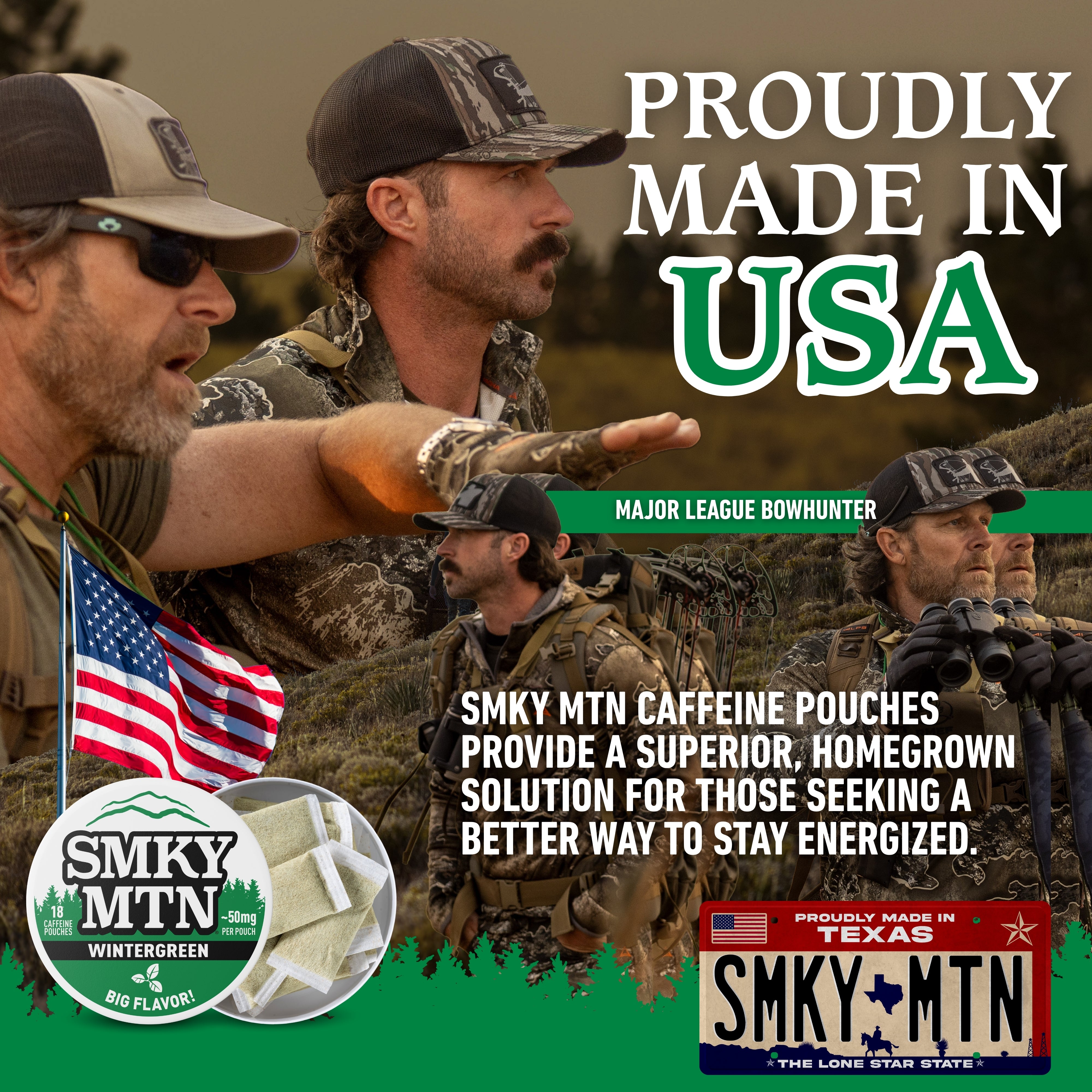 Advertisement featuring major league bowhunter with text 'Proudly Made in USA' and promotional content for Smky MTN caffeine pouches.