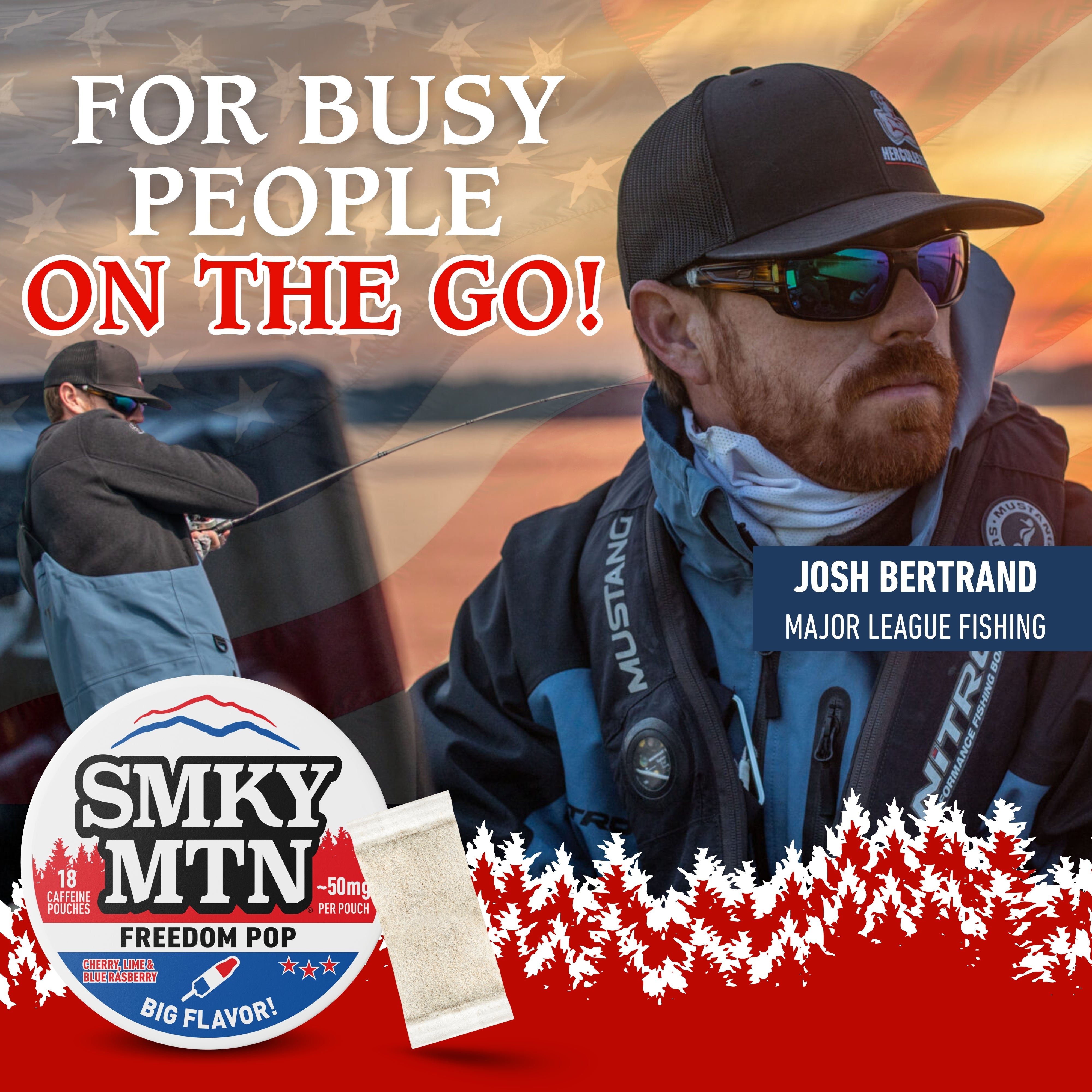 smokey mountain caffeine pouches advertisement featuring Josh Bertrand with promotional text and product branding.