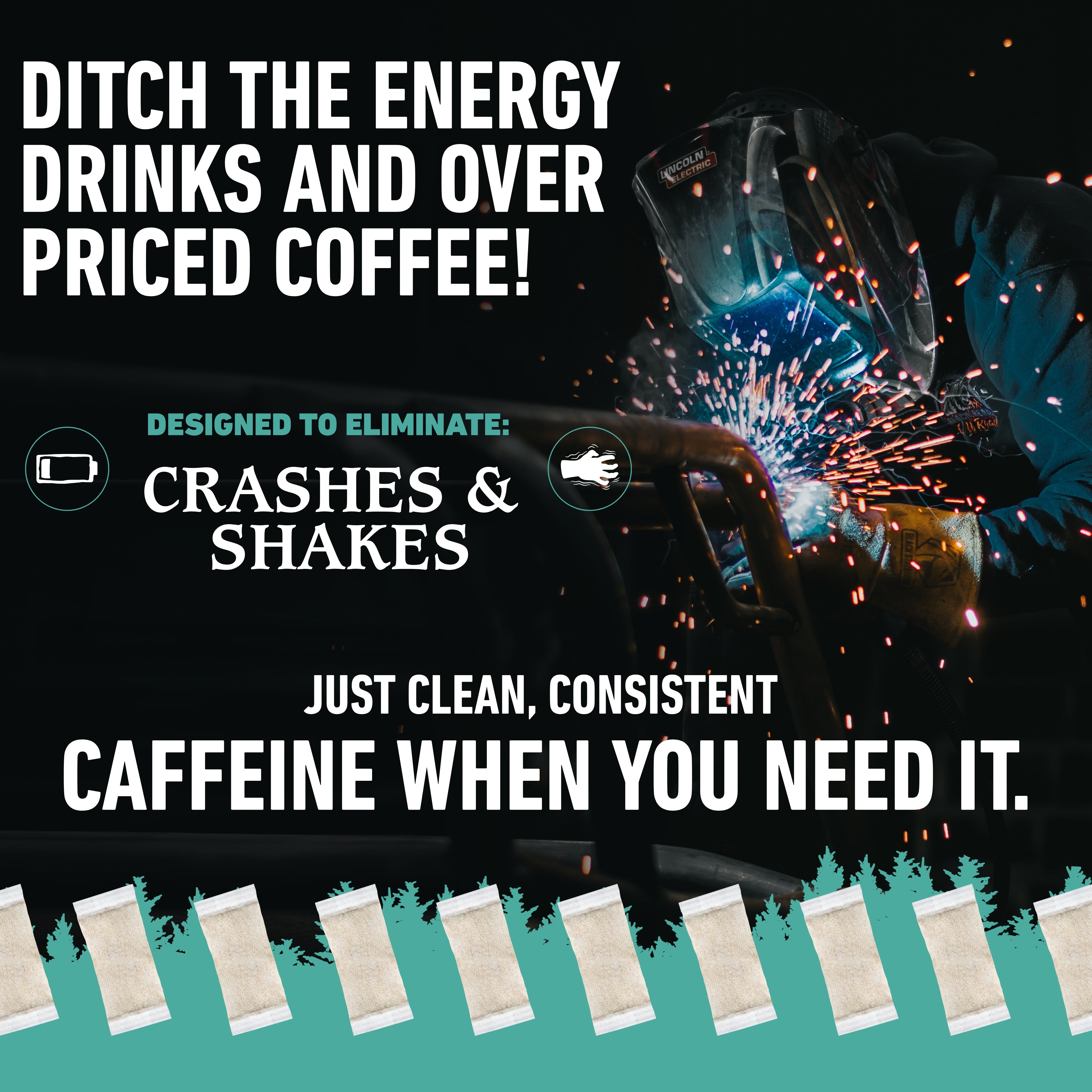 Advertisement for smky mtn caffeine pouches with text and images of coffee being brewed.