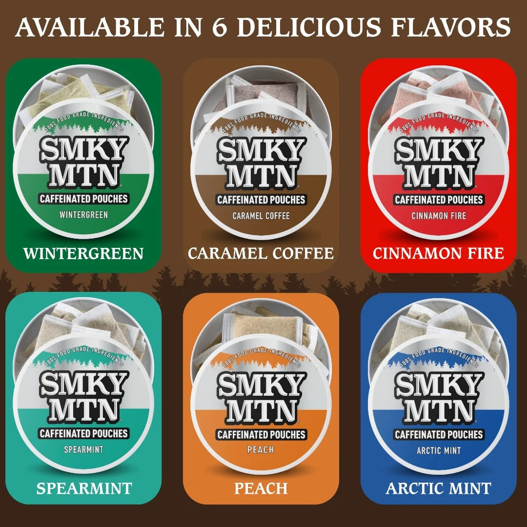 Smky MTN caffeinated pouches in various flavors with colorful labels on a brown background.