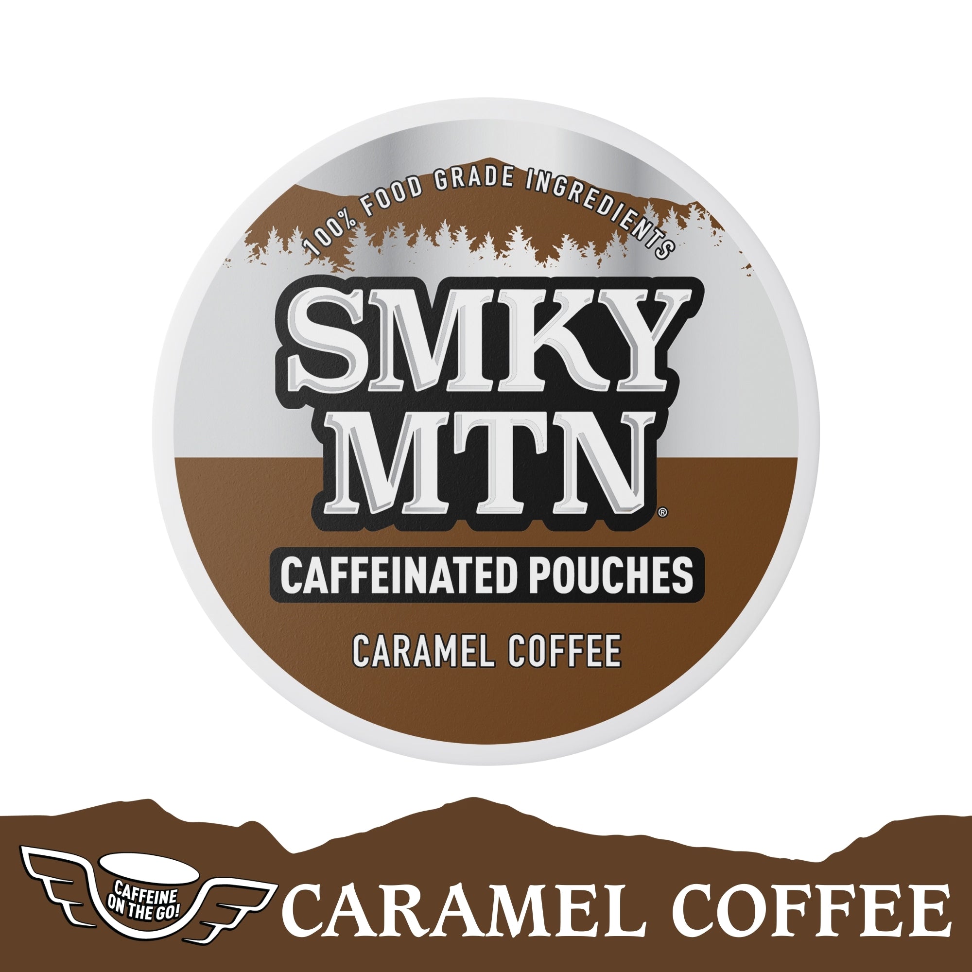 Smky MTN Caramel Coffee Caffeine Pouches can on a white background