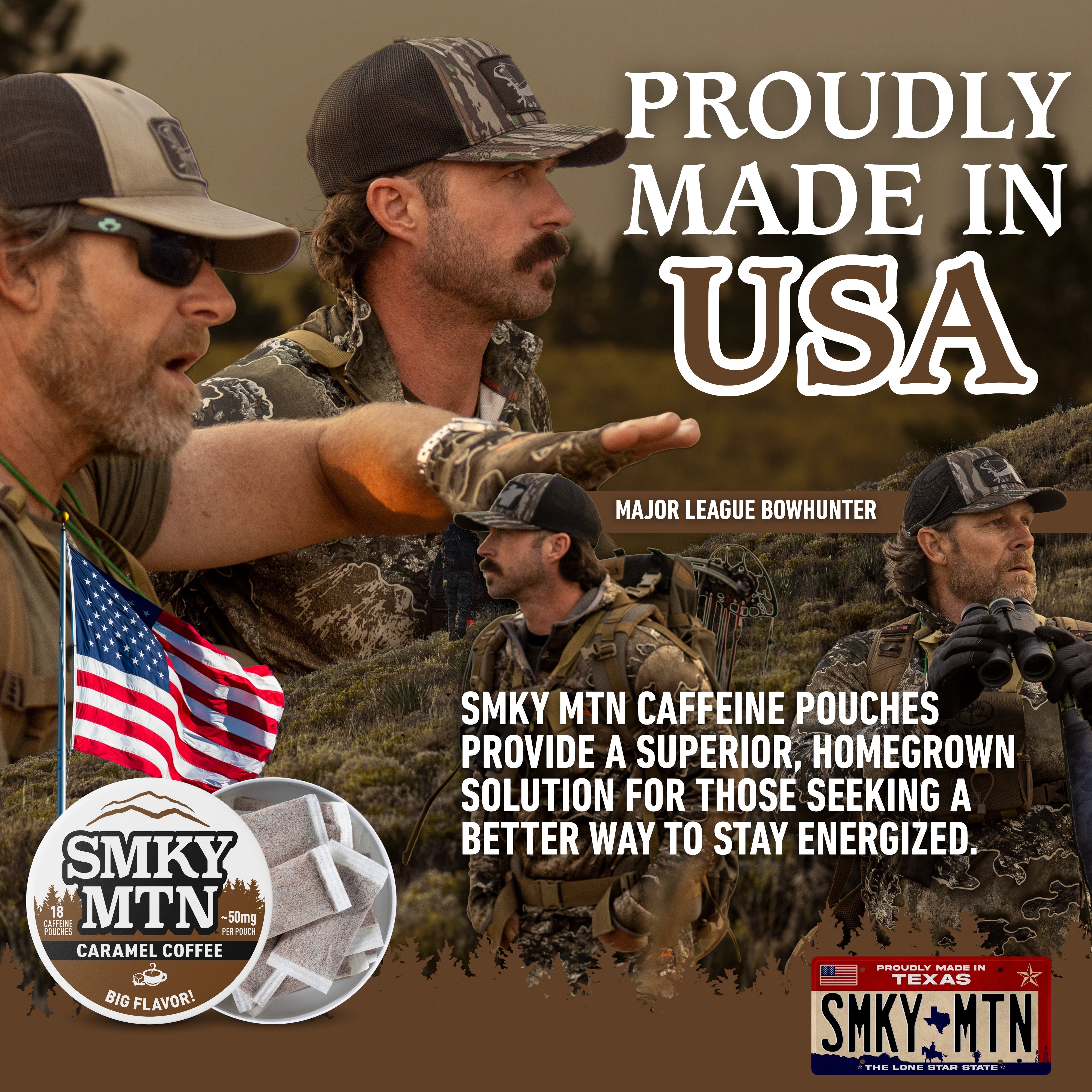 Advertisement featuring men in camouflage with text 'Proudly Made in USA' and promotional content for Smky MTN caffeine pouches.