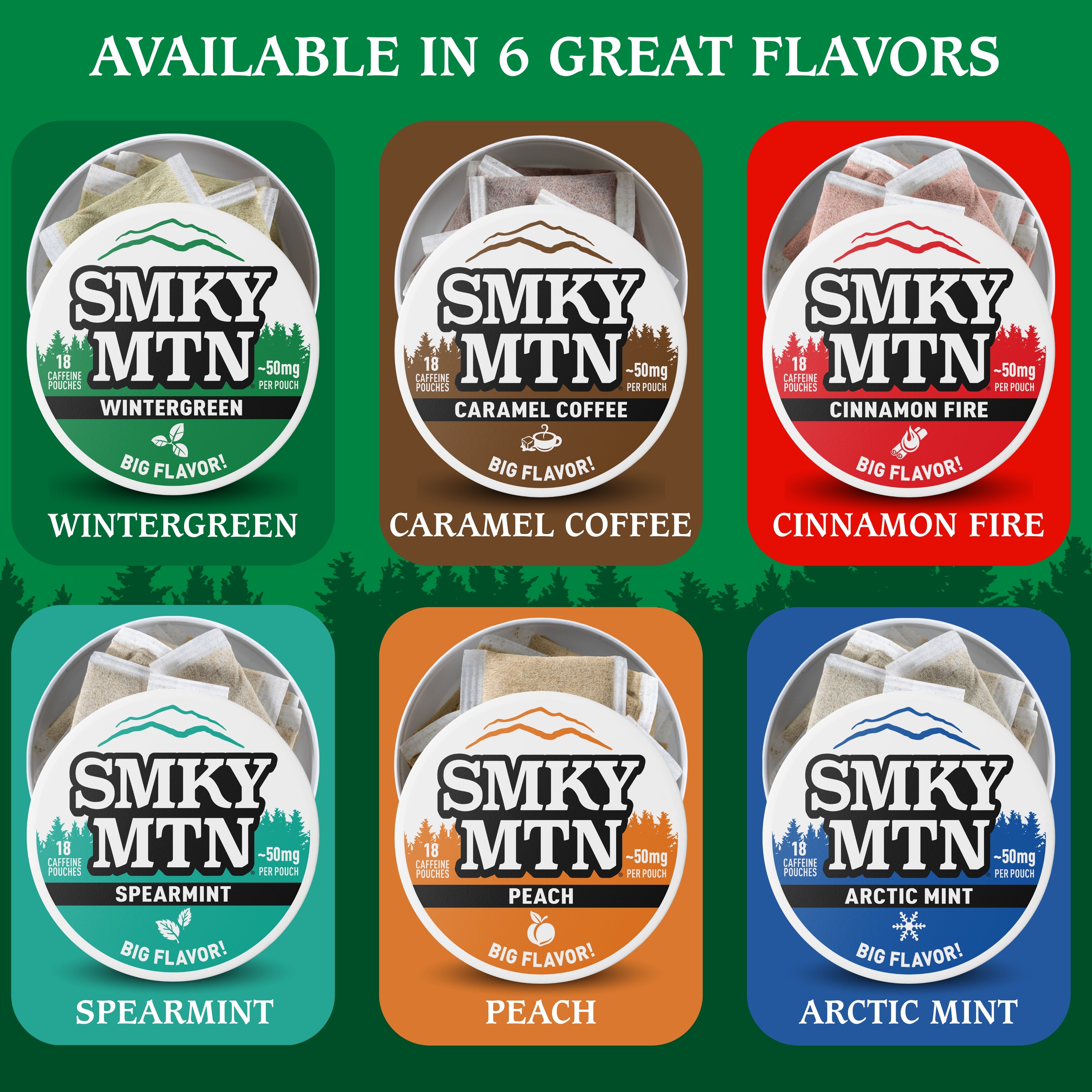 Smky MTN product packaging with various flavors on a green background