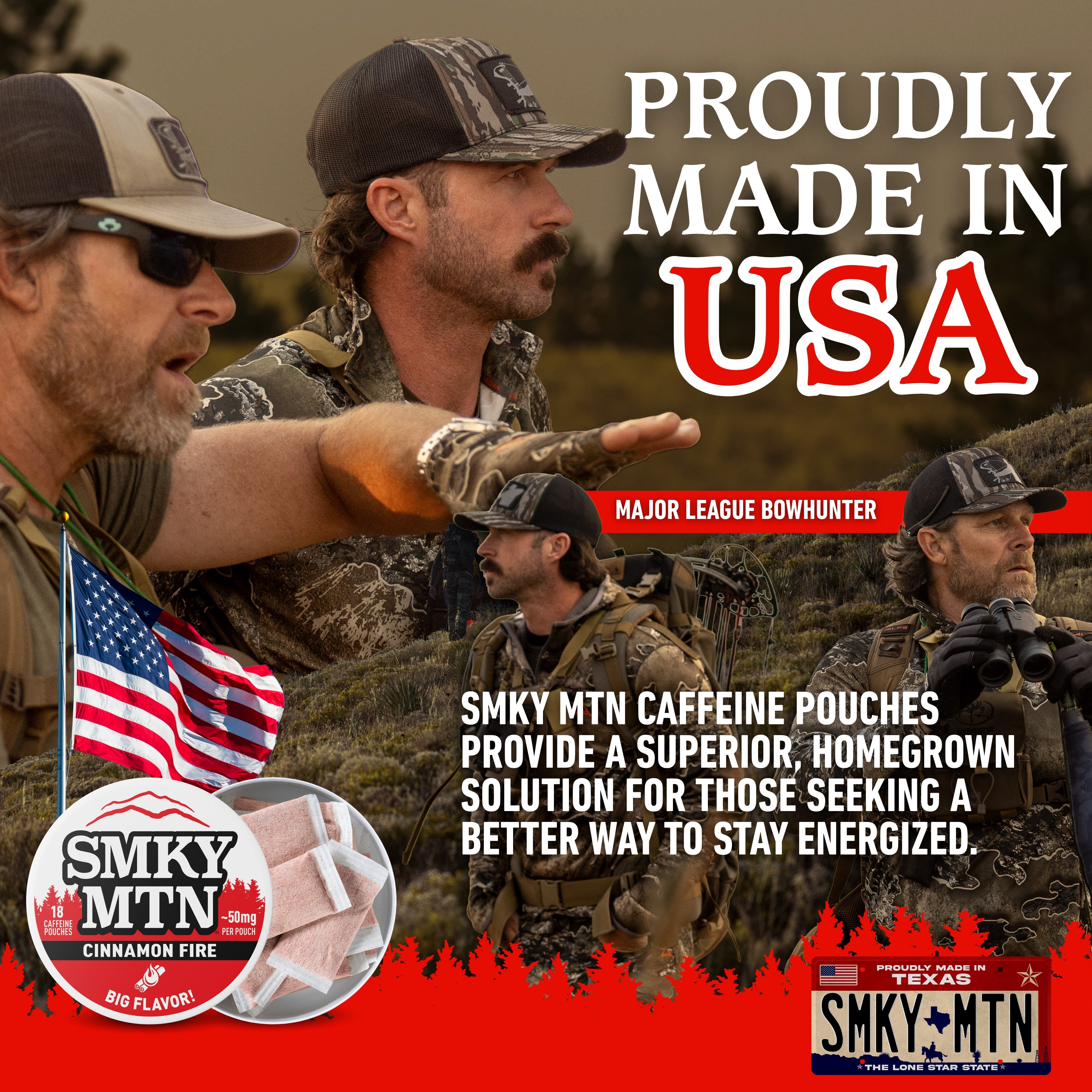 Advertisement featuring men in camouflage with text 'Proudly Made in USA' and promotional content for SMKY MTN caffeine pouches.