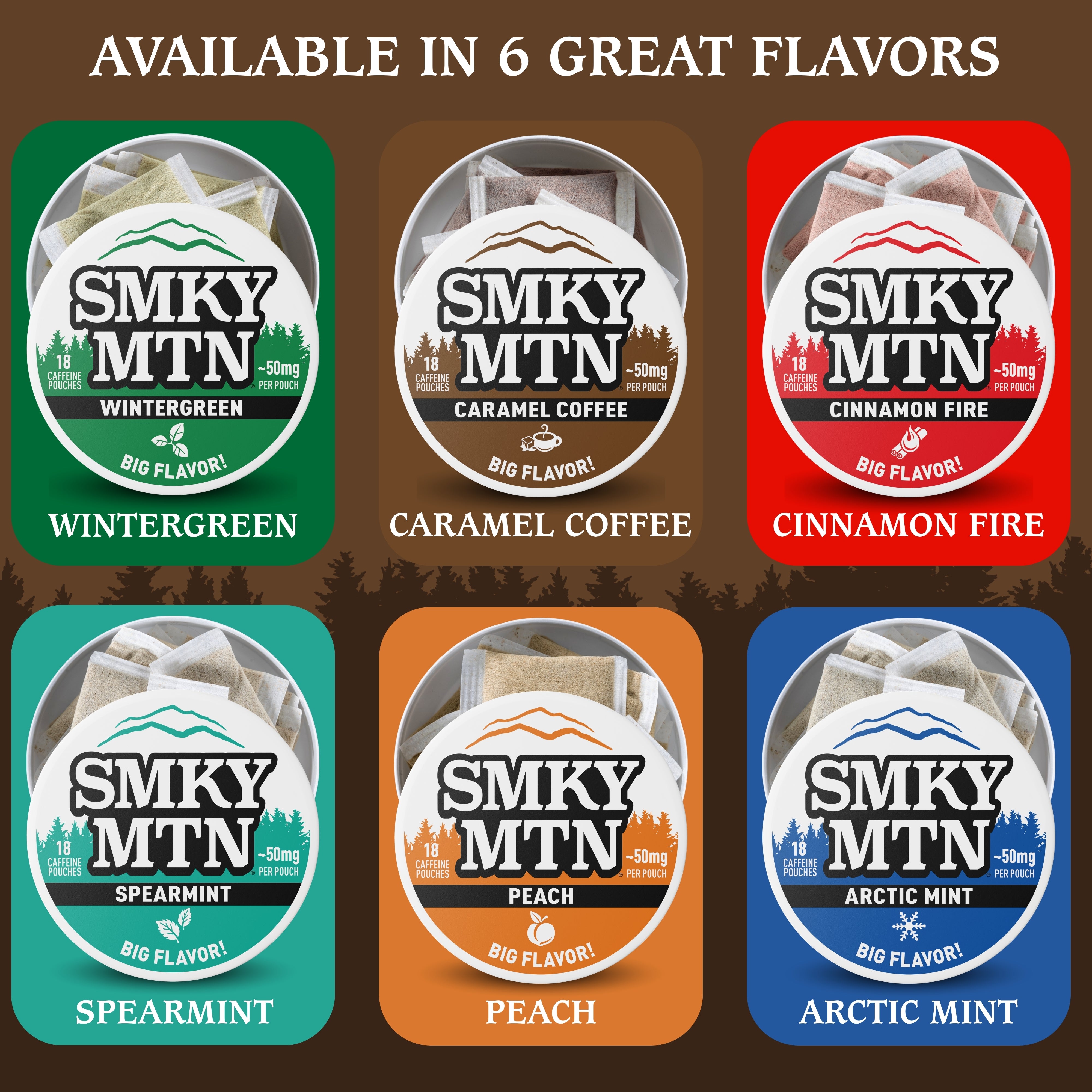 Smky MTN product packaging with various flavors on a brown background