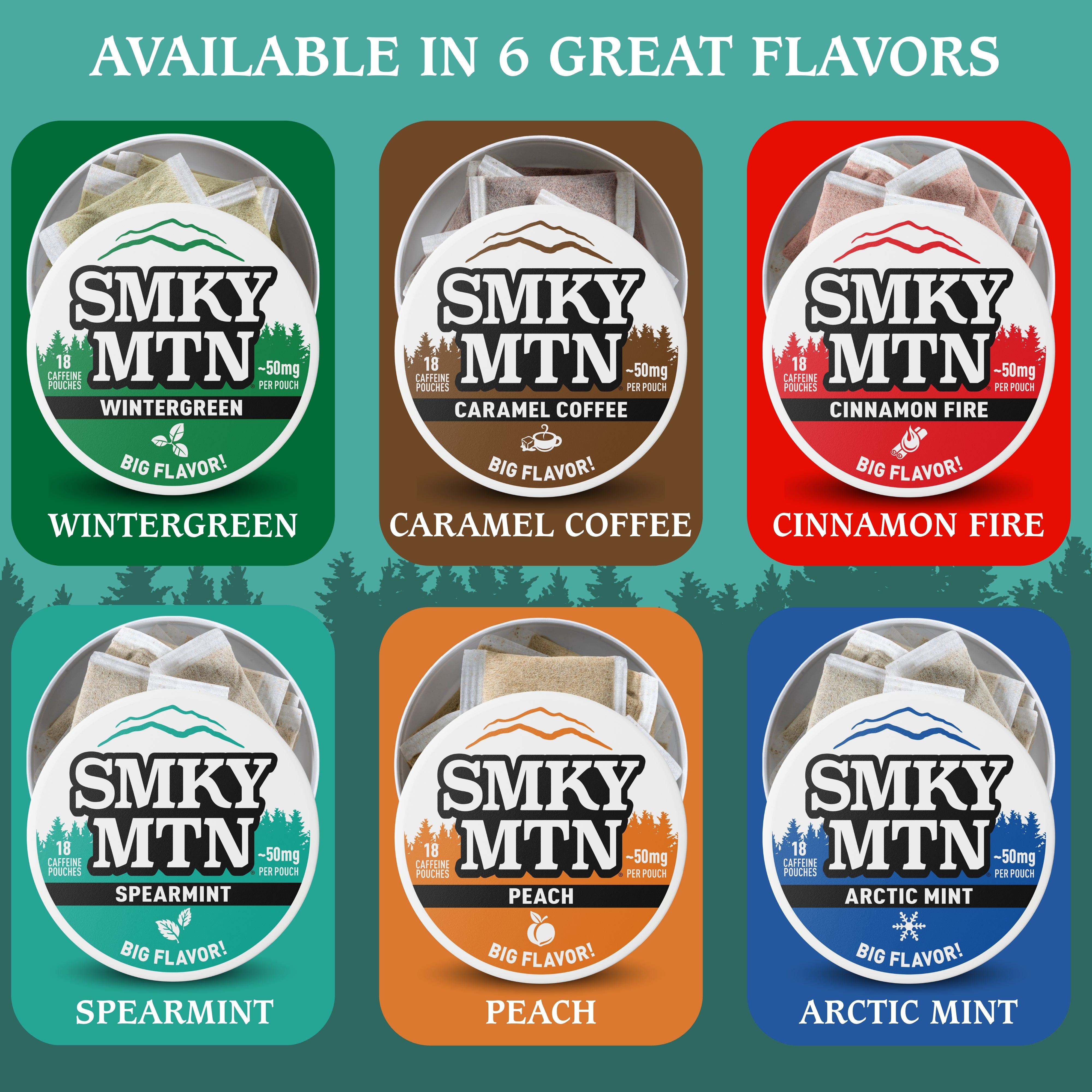 Six Smky MTN product packaging with different flavors on a green background