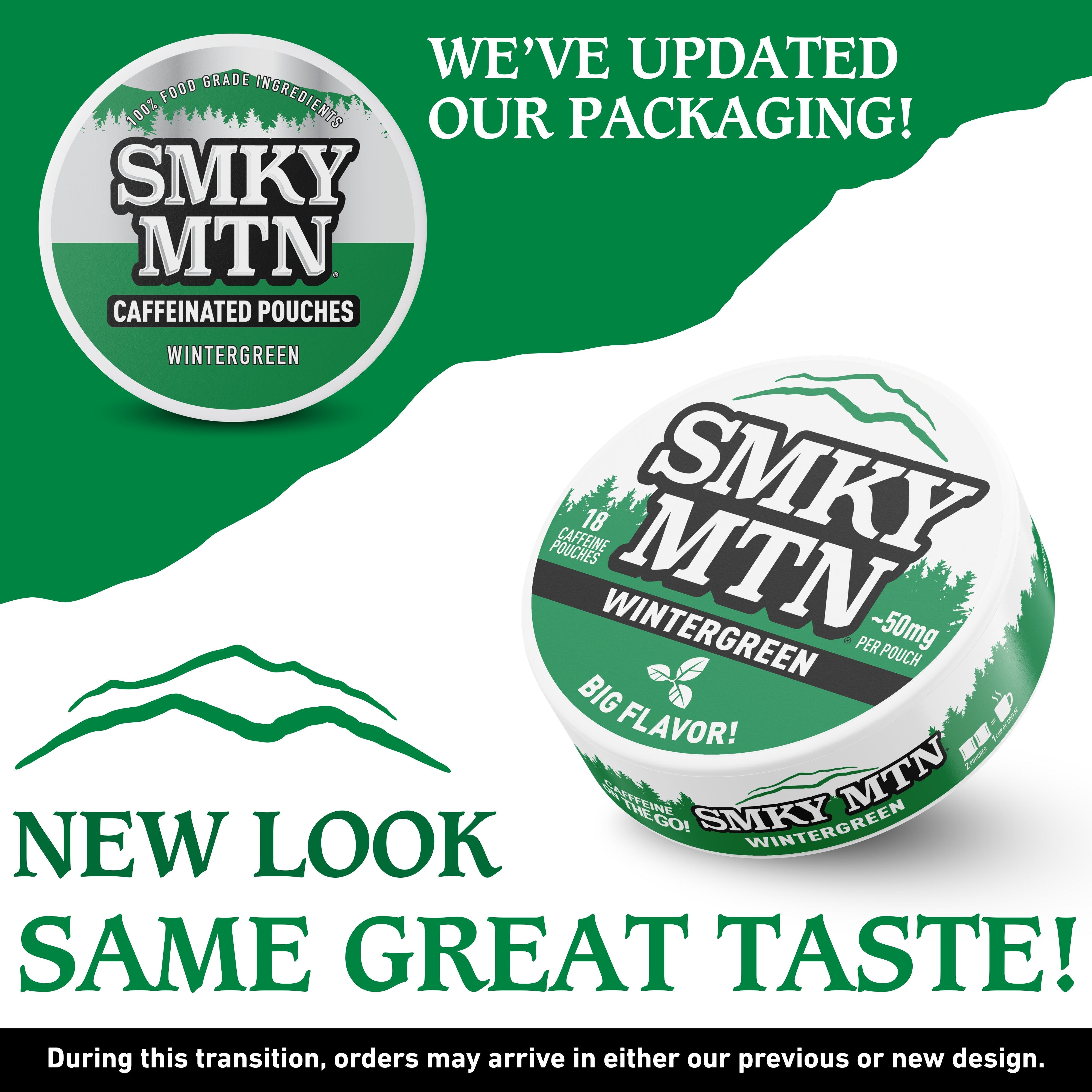 Promotional image of Smky MTN caffeinated pouches with text about packaging update and taste consistency.