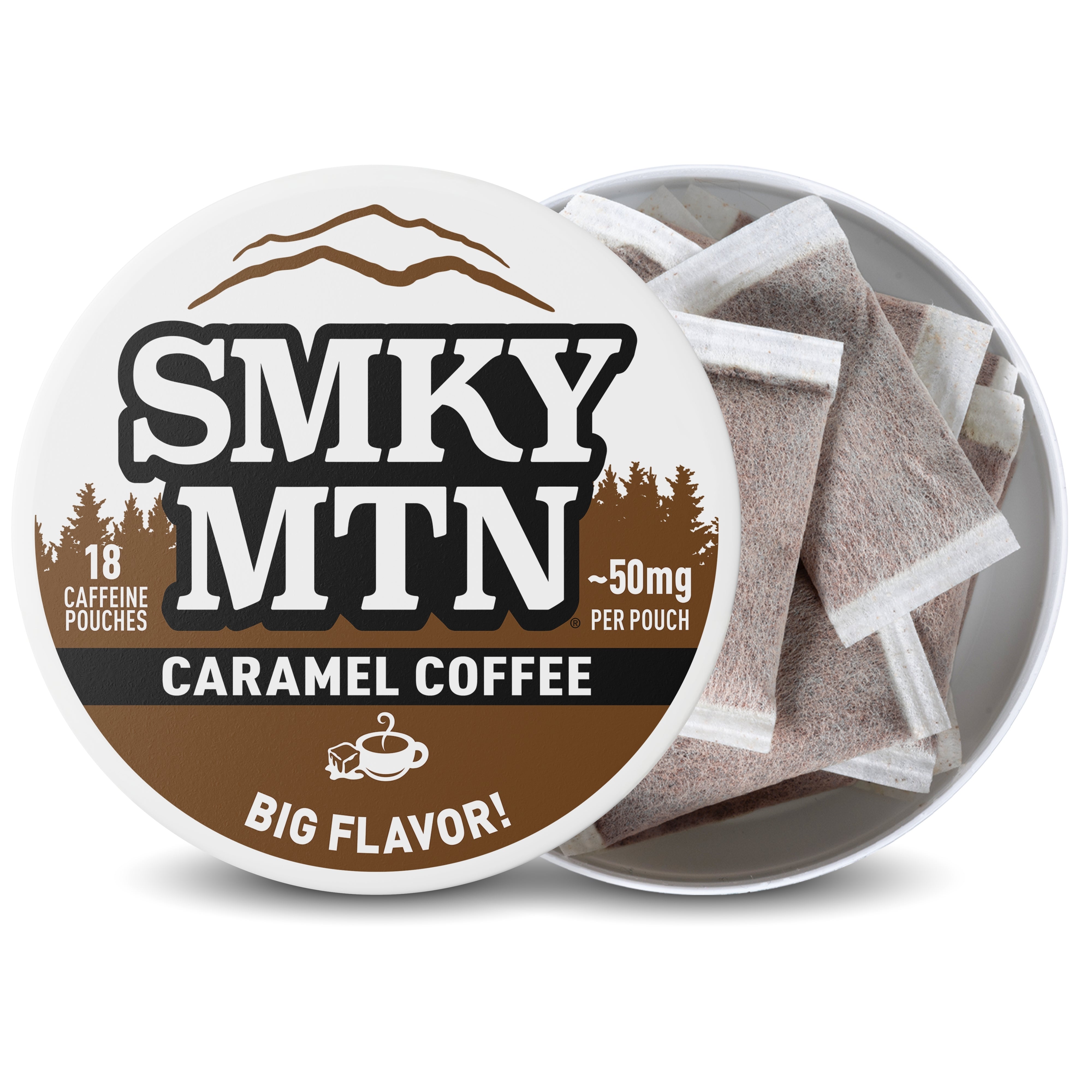 Smky MTN caramel coffee pouches with packaging on a white background