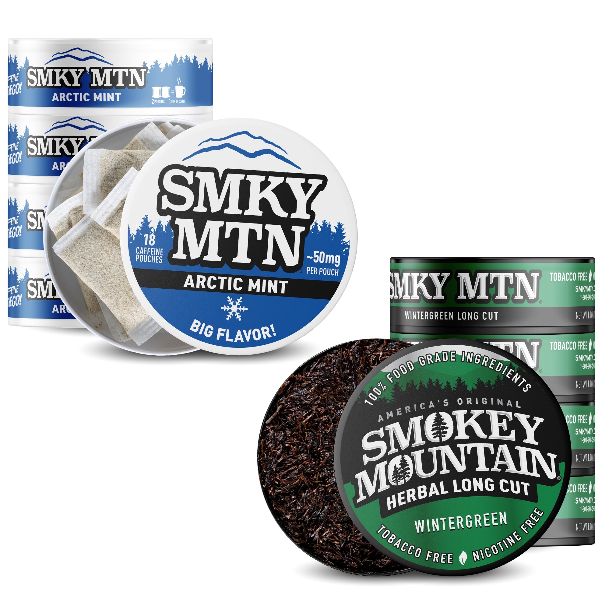 5 cans of smokey mountain arctic mint caffeinated pouches and five cans of wintergreen long cut stacked
