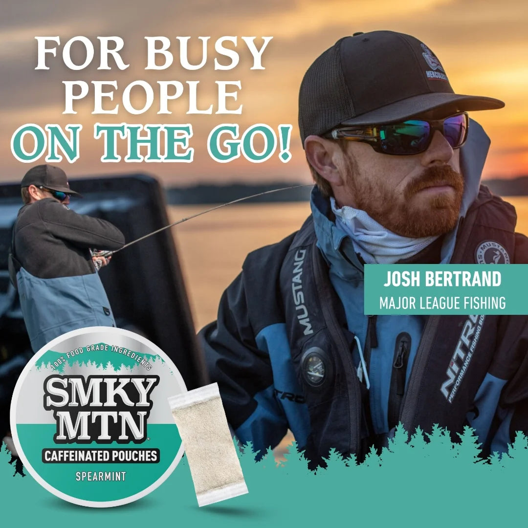 Fishing advertisement featuring a man on the go with text and product branding.