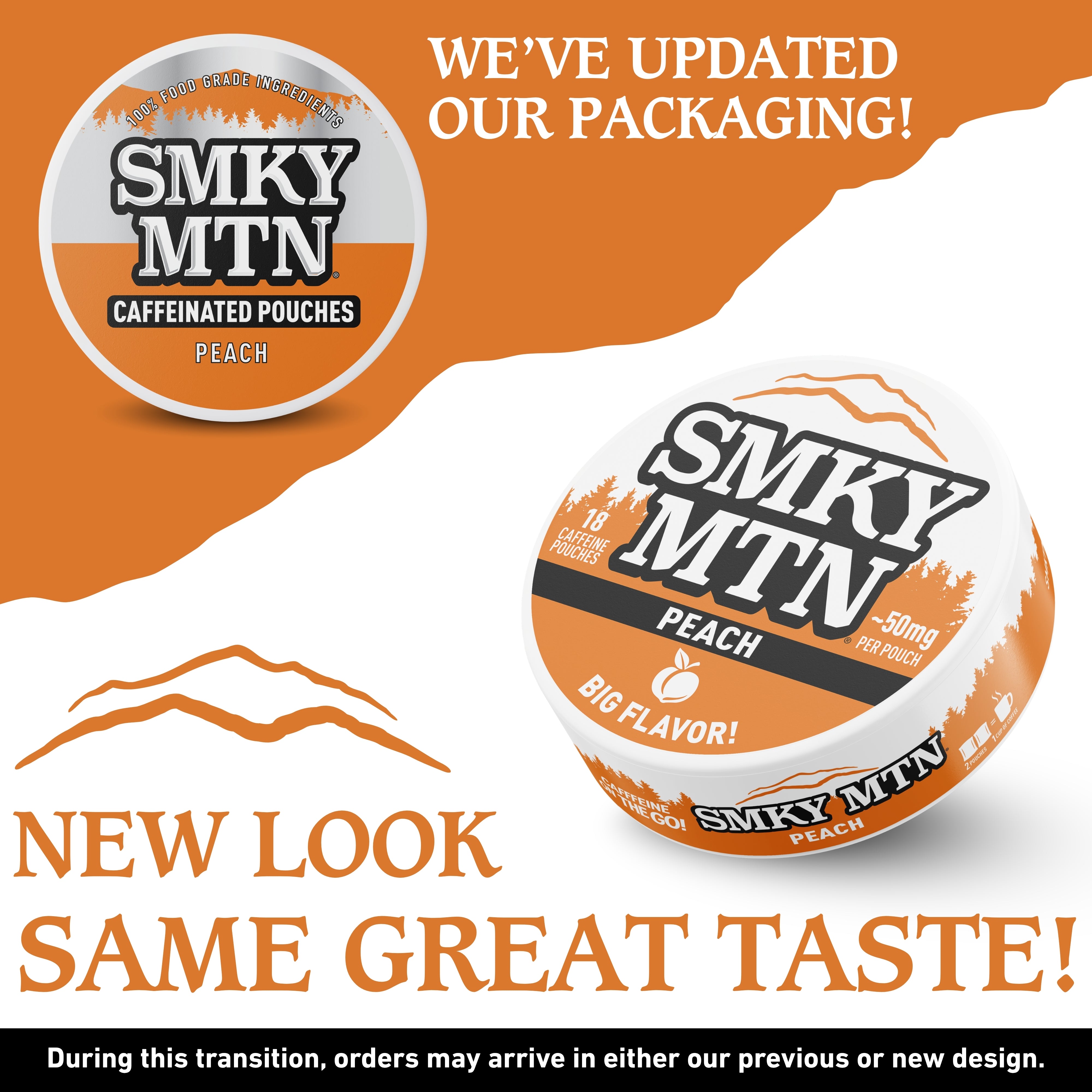 Promotional image of Smky MTN caffeinated pouches with updated packaging design.
