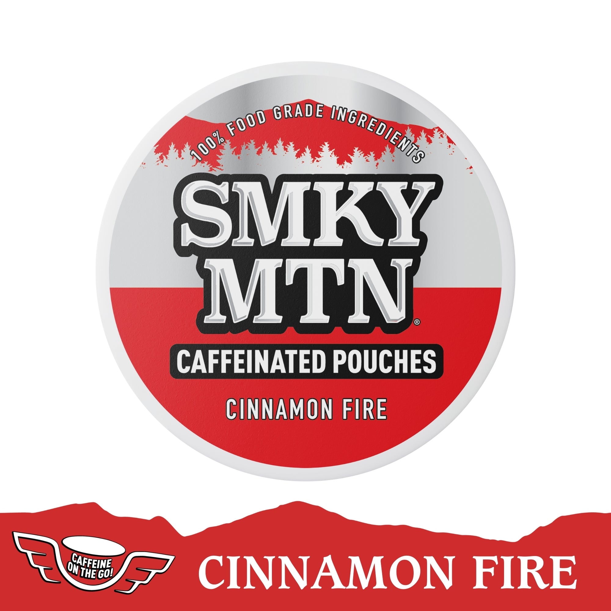 Caffeinated pouches packaging with 'Smky MTN' branding on a red background