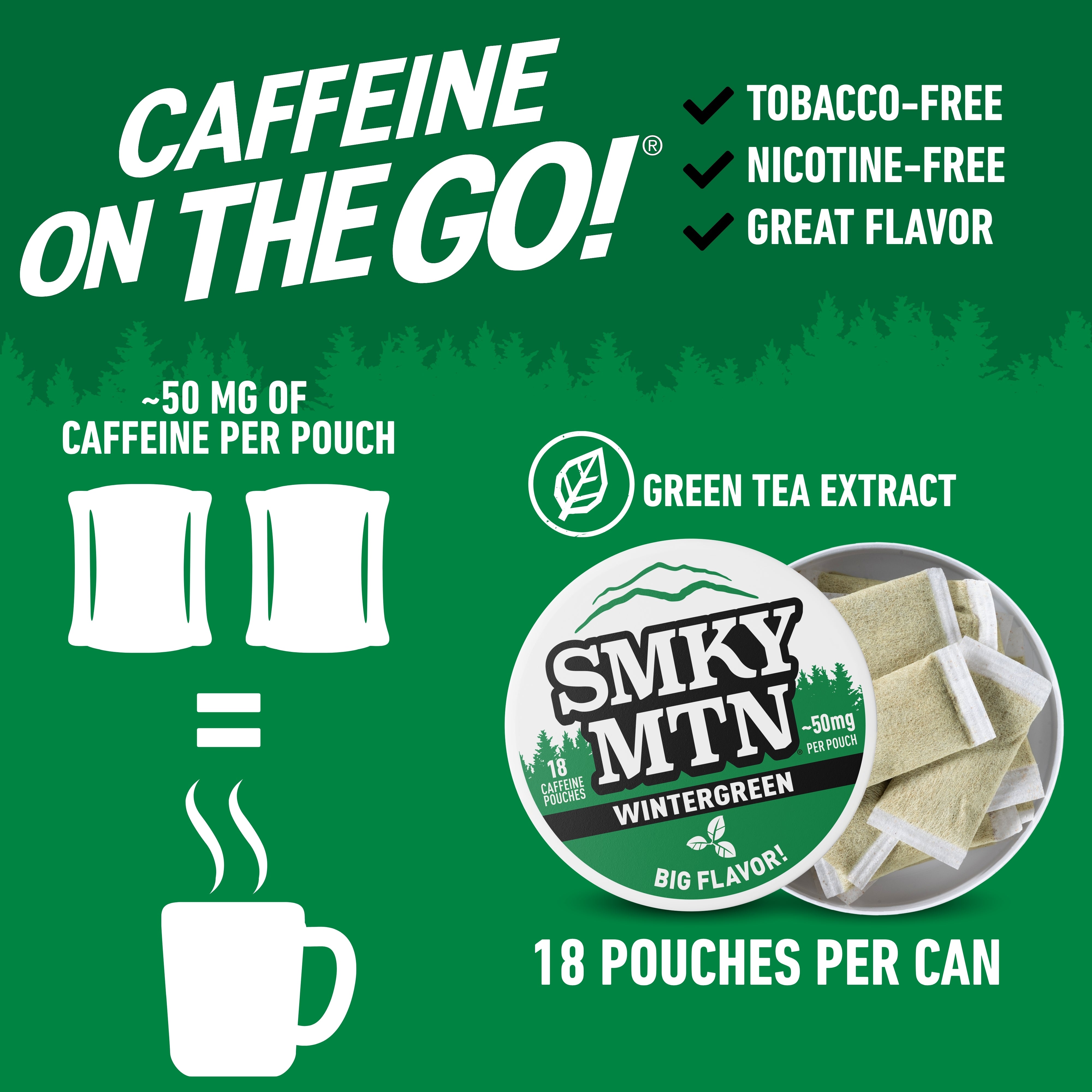 Advertisement for Smky MTN caffeine pouches on a green background with text about caffeine content and benefits.
