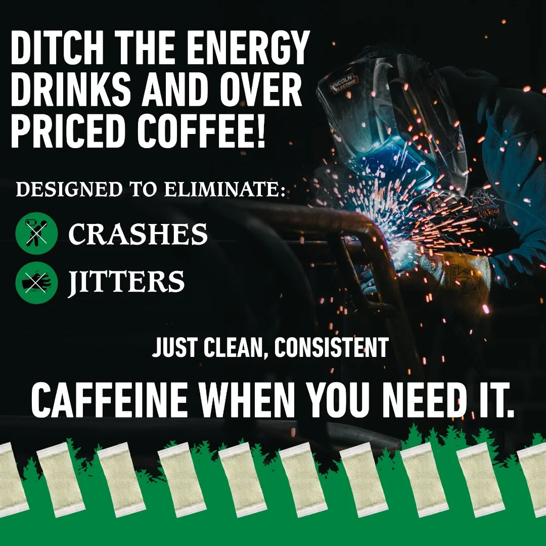Advertisement for a caffeine product with a welder in the background