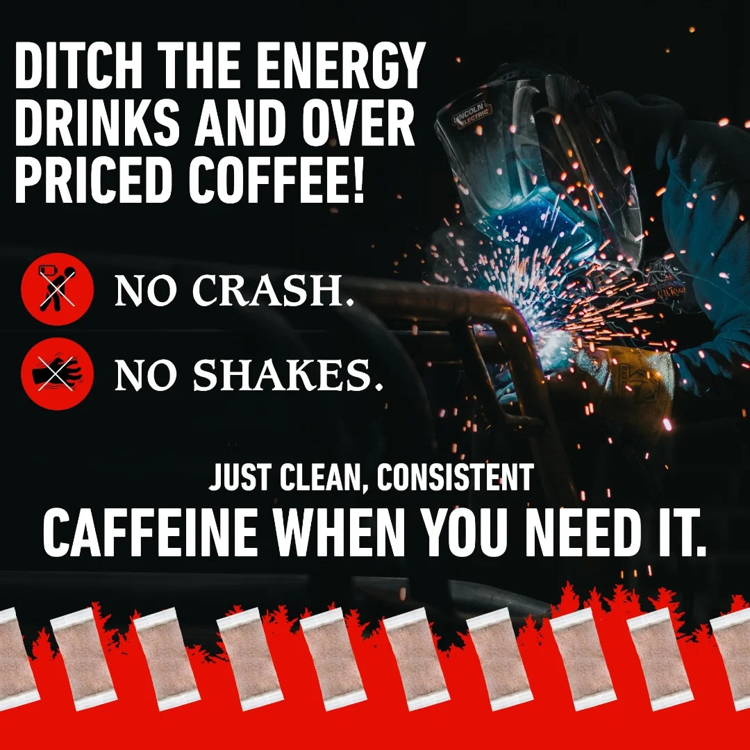 Advertisement for a coffee product with text and images of a person welding.