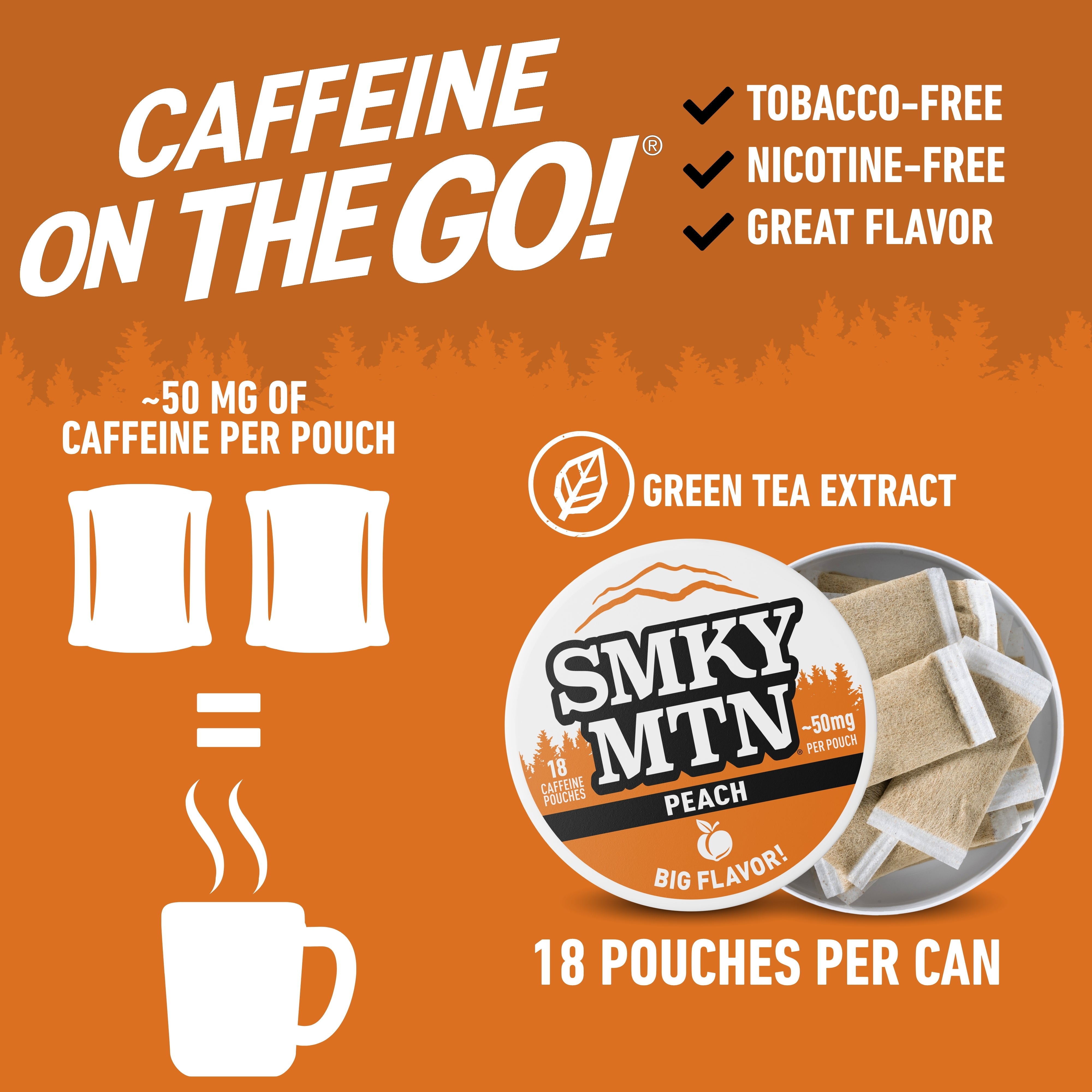 Advertisement for Smky MTN Peach green tea extract with caffeine on an orange background.