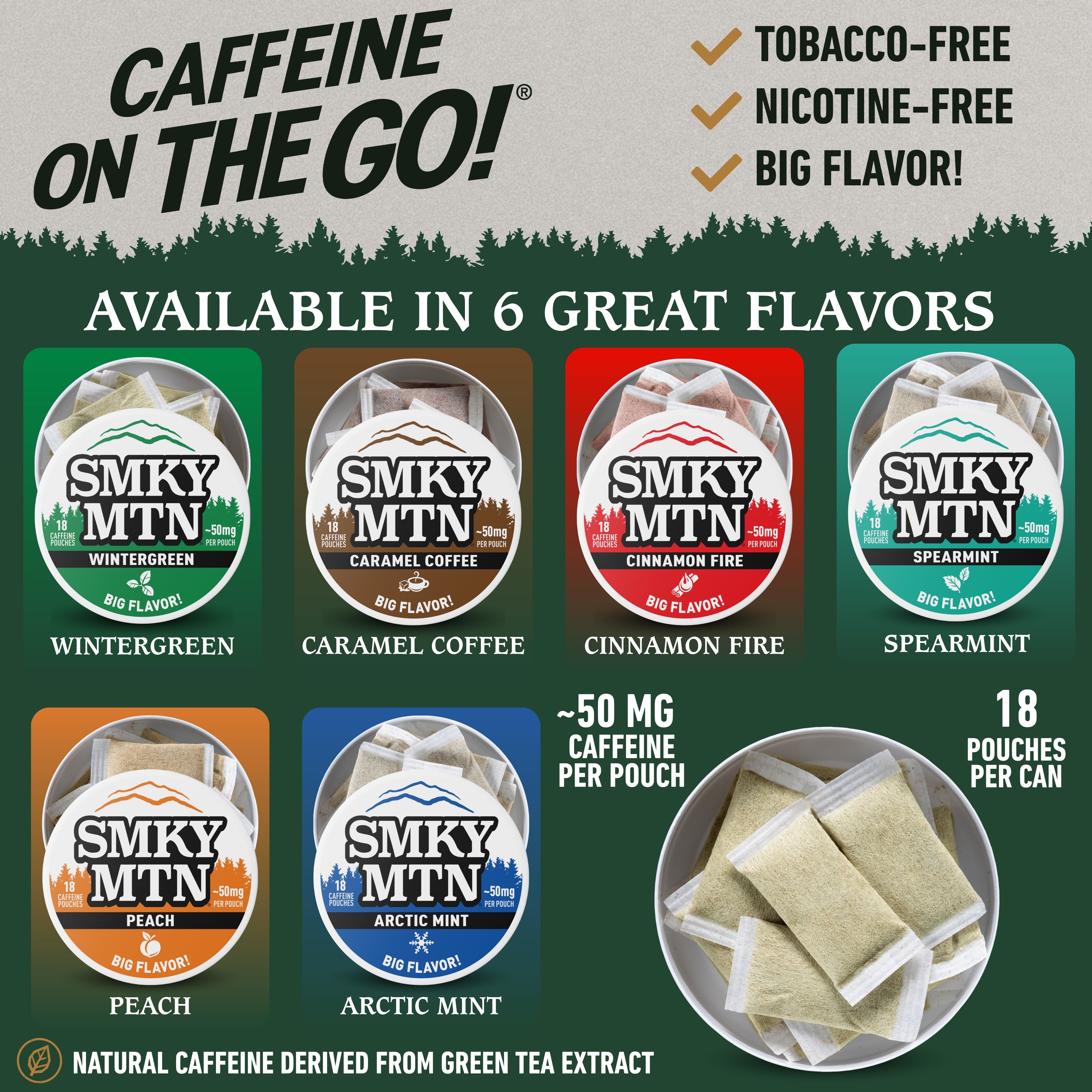 Promotional graphic for SMKY MTN caffeine on the go pouches, showing six different flavor cans (Wintergreen, Caramel Coffee, Cinnamon Fire, Spearmint, Peach, Arctic Mint).