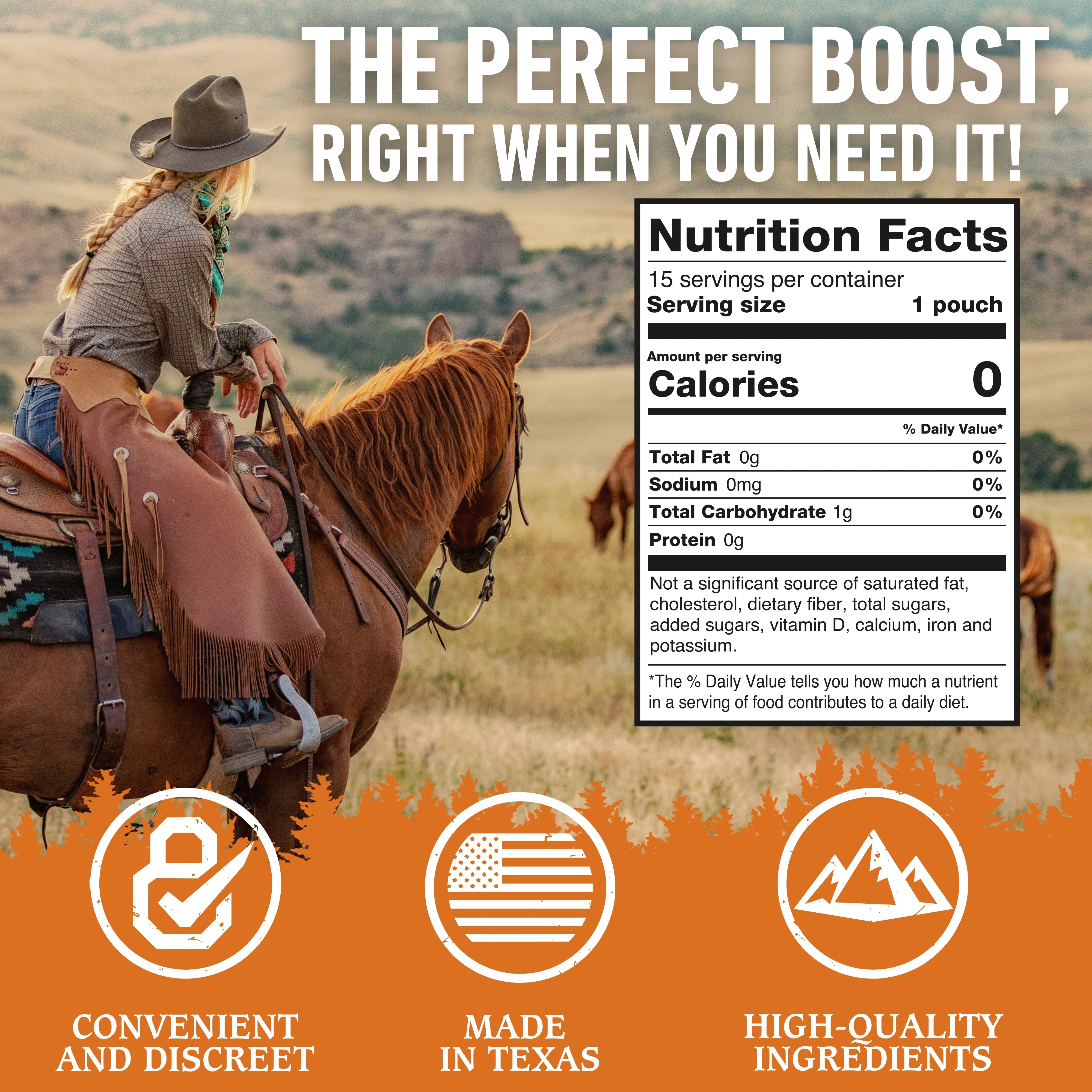Person on horseback with a nutrition label overlay, emphasizing convenience, quality, and local production.