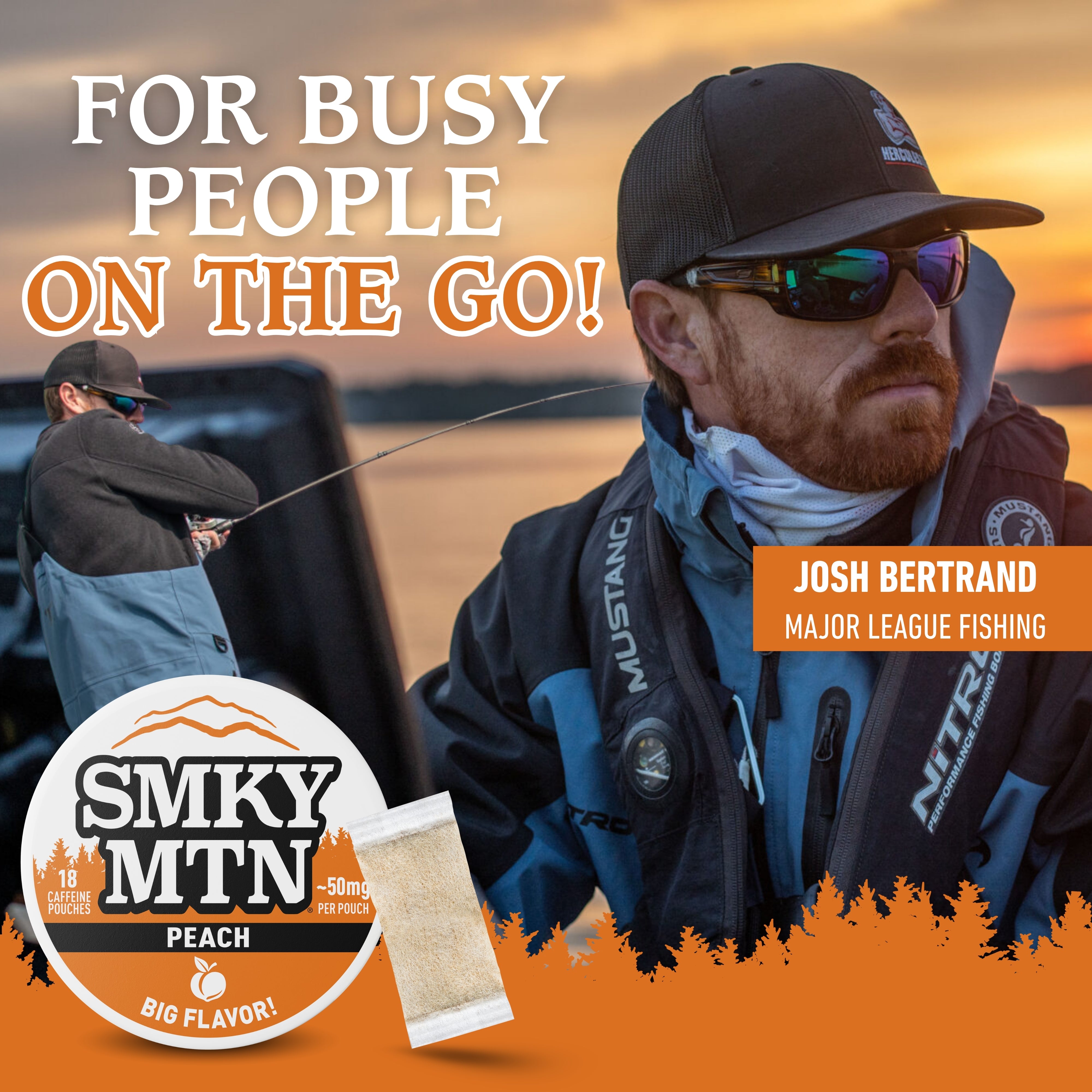 Fishing advertisement featuring a man on the go with text and product branding.