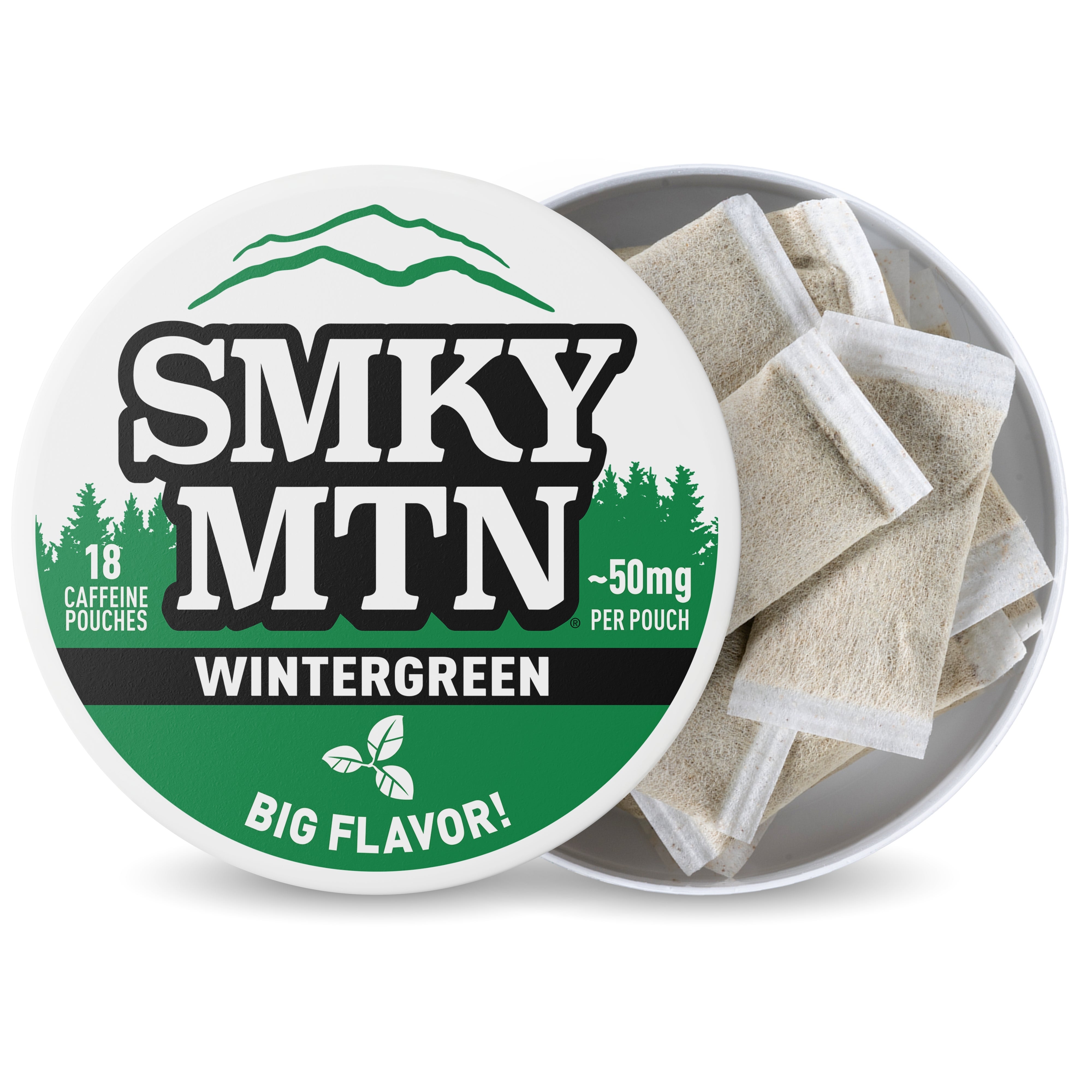 A round tin of Smky Mountain Wintergreen caffeine pouches, with the white and green lid leaning against the open can. The lid features the brand name 'SMKY MTN' in bold black letters with green mountain and pine graphics.