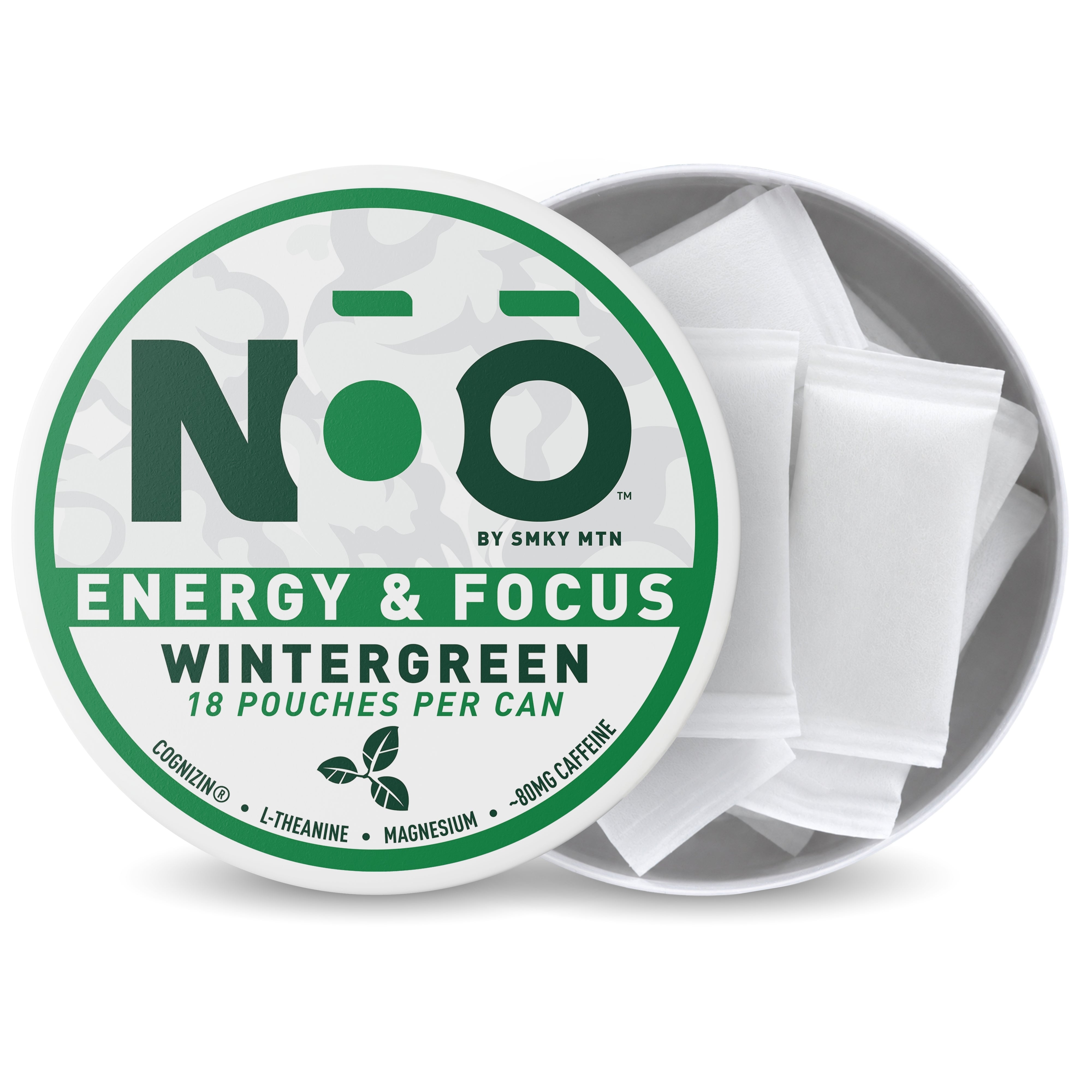 A round tin of NOO Energy & Focus Wintergreen pouches by Smky MTN, with the lid shown in front on a white background.