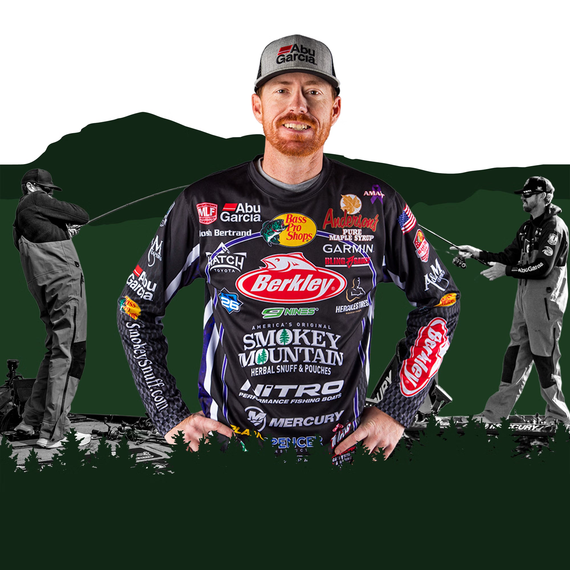 Josh Bertrand wearing a fishing-themed shirt with various sponsor logos against a green landscape background.