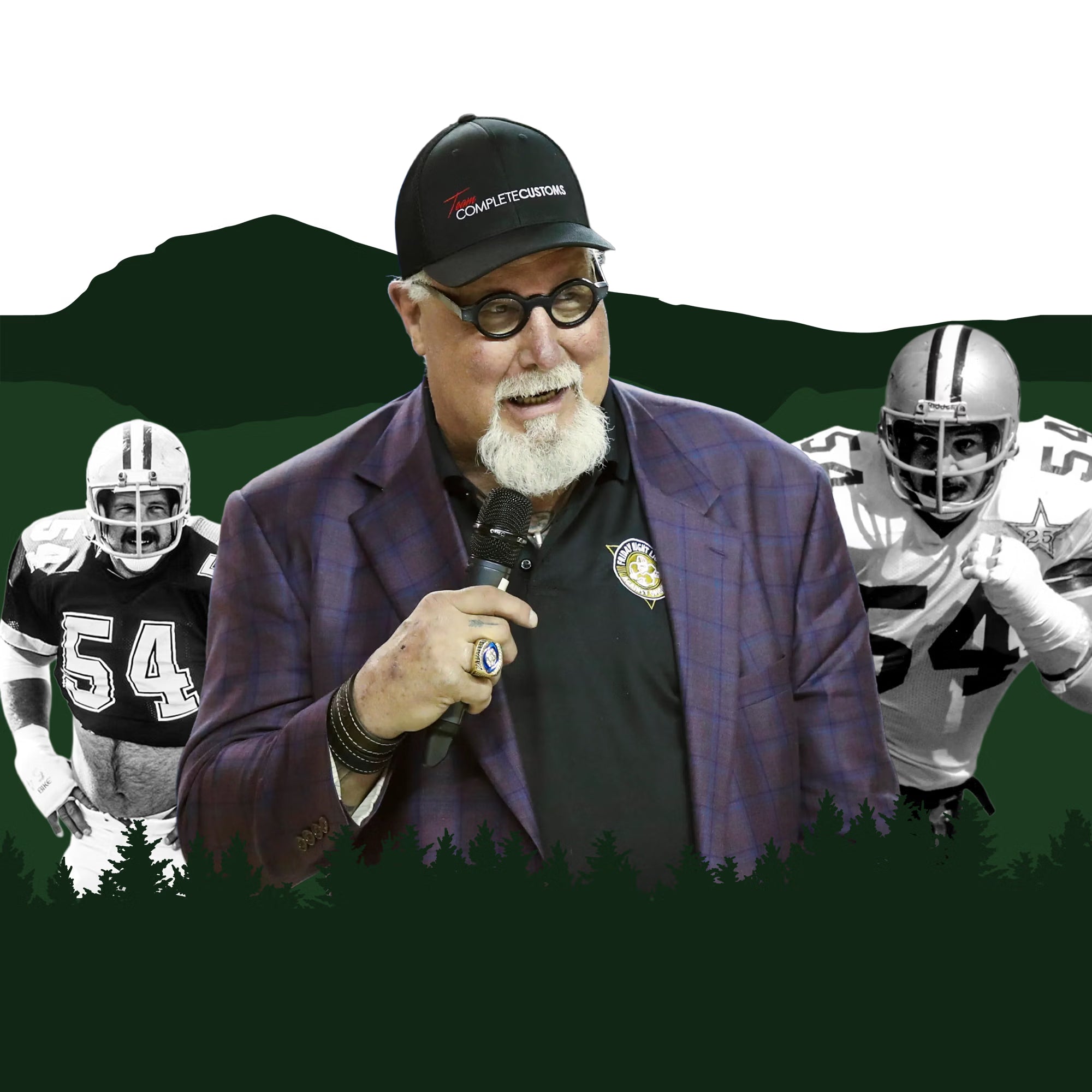Randy White with a microphone in front of old football photos of him and a green landscape