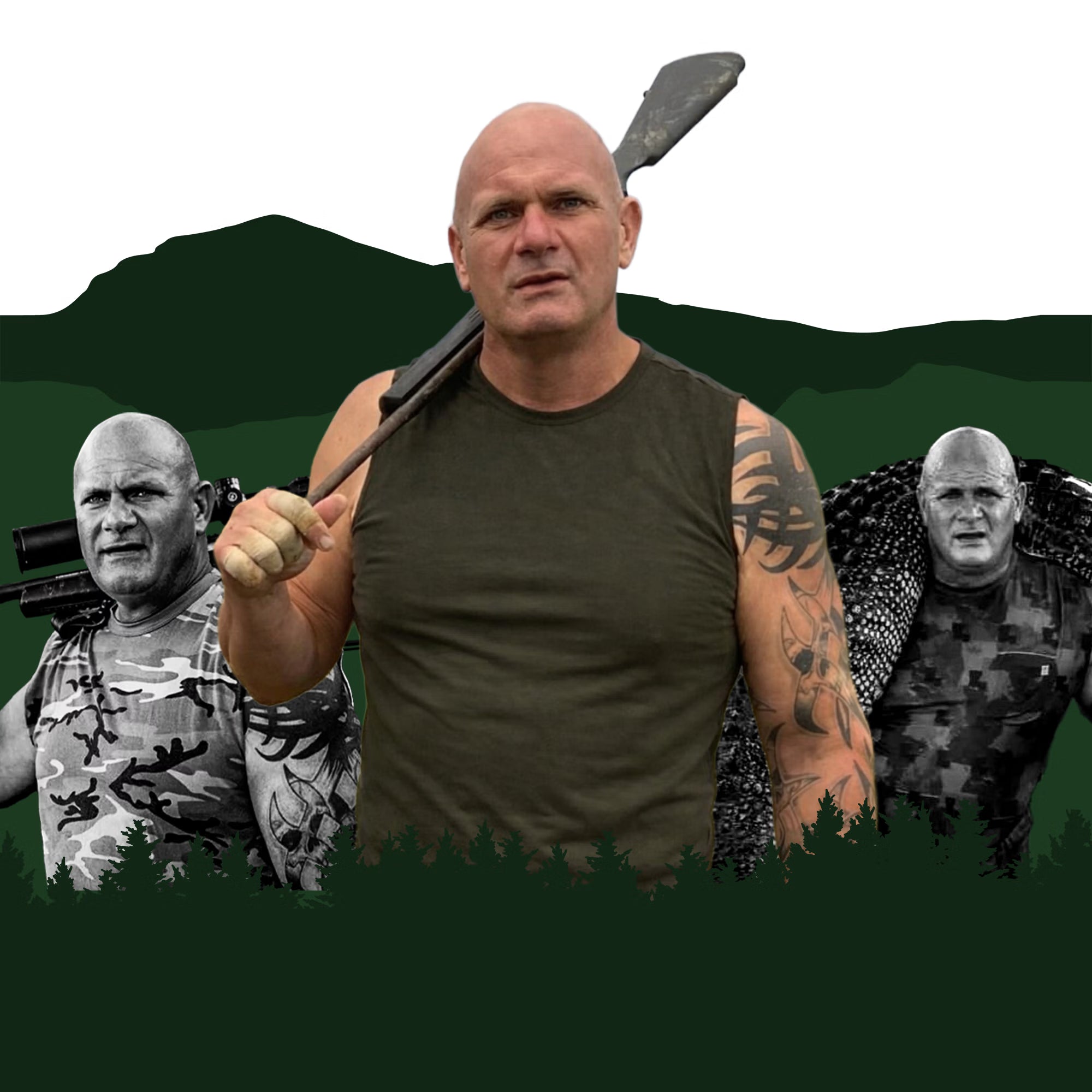 Ronnie Adams holding a weapon with other images of Ronnie in the background on a green landscape.