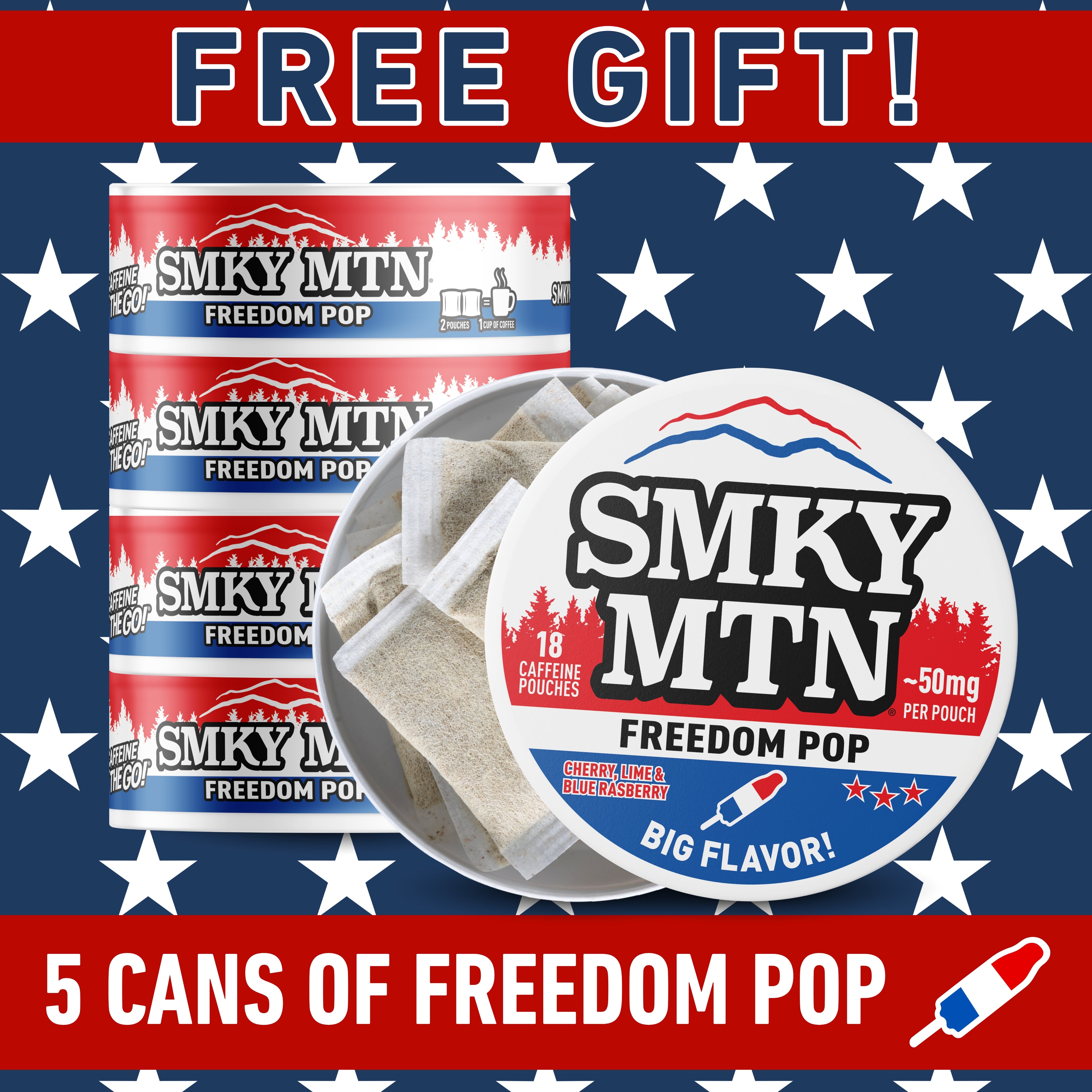 Promotional image of Smokey Mountain Freedom Pop with a free gift offer on an American flag background.