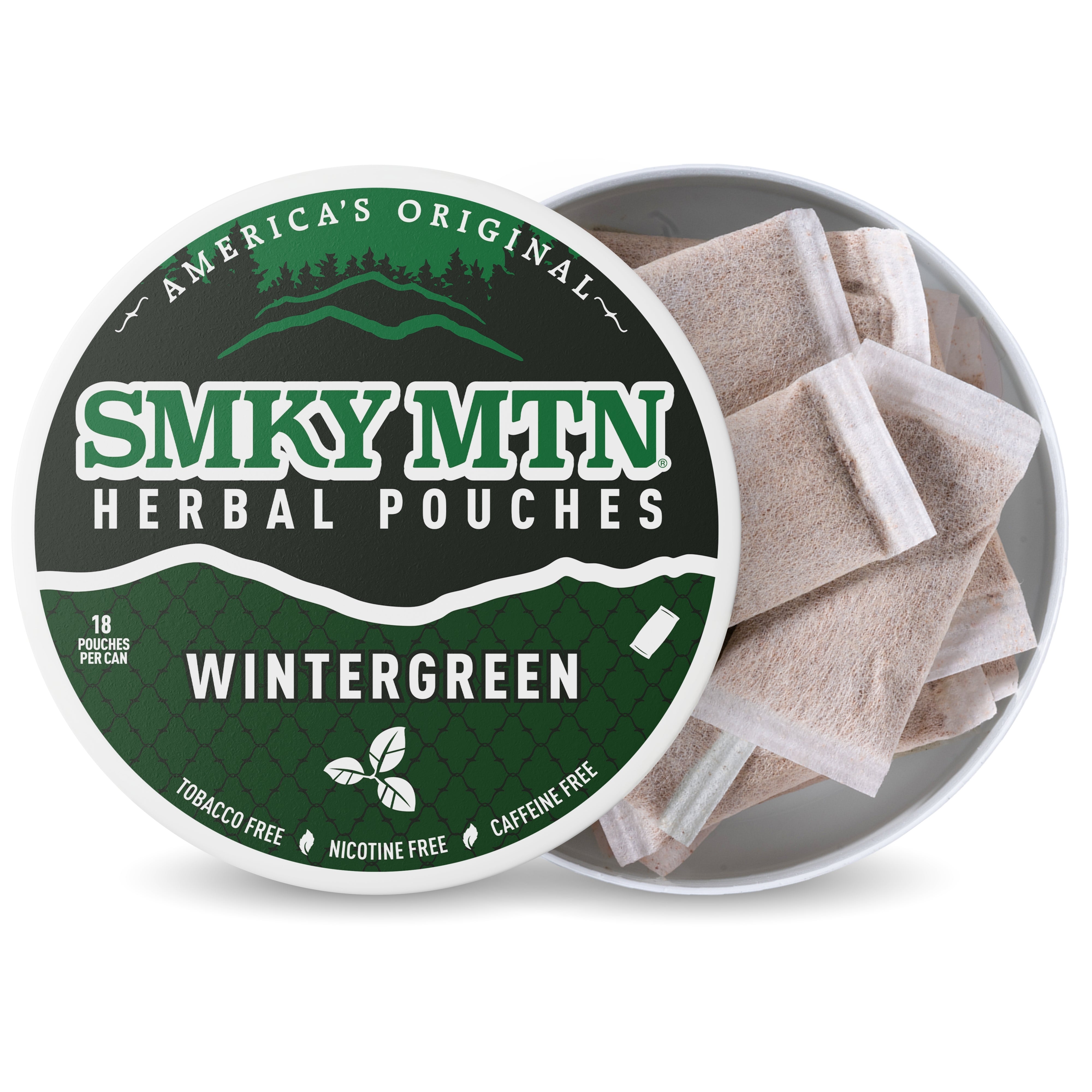 Smky MTN Wintergreen Herbal Pouches, with the lid shown in front and several beige herbal caffeine-free pouches visible inside the open tin on a white background.