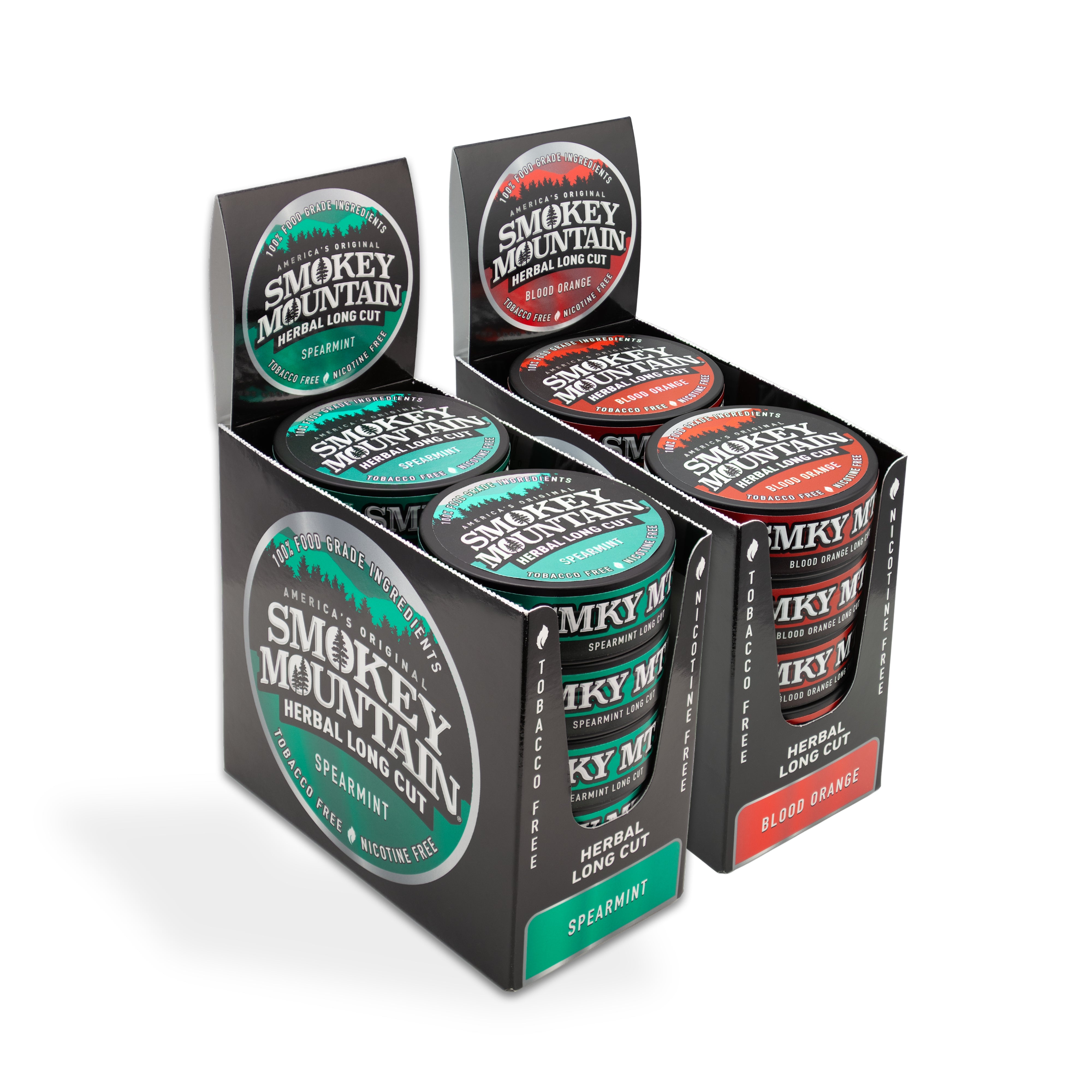 Display of Smokey Mountain herbal long cut products in packaging