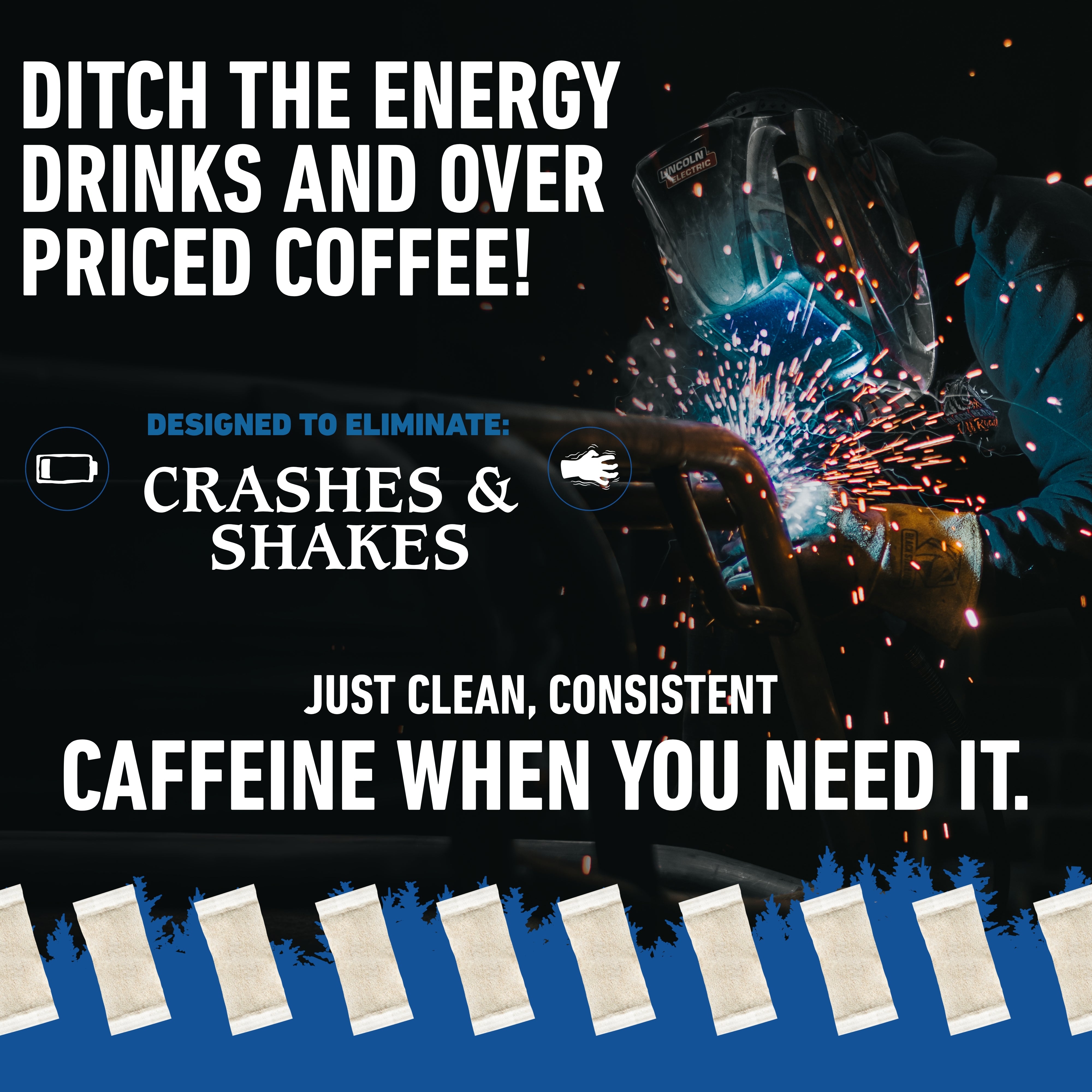 Advertisement for a product designed to eliminate crashes and shakes, with text and images of a car and coffee packets.
