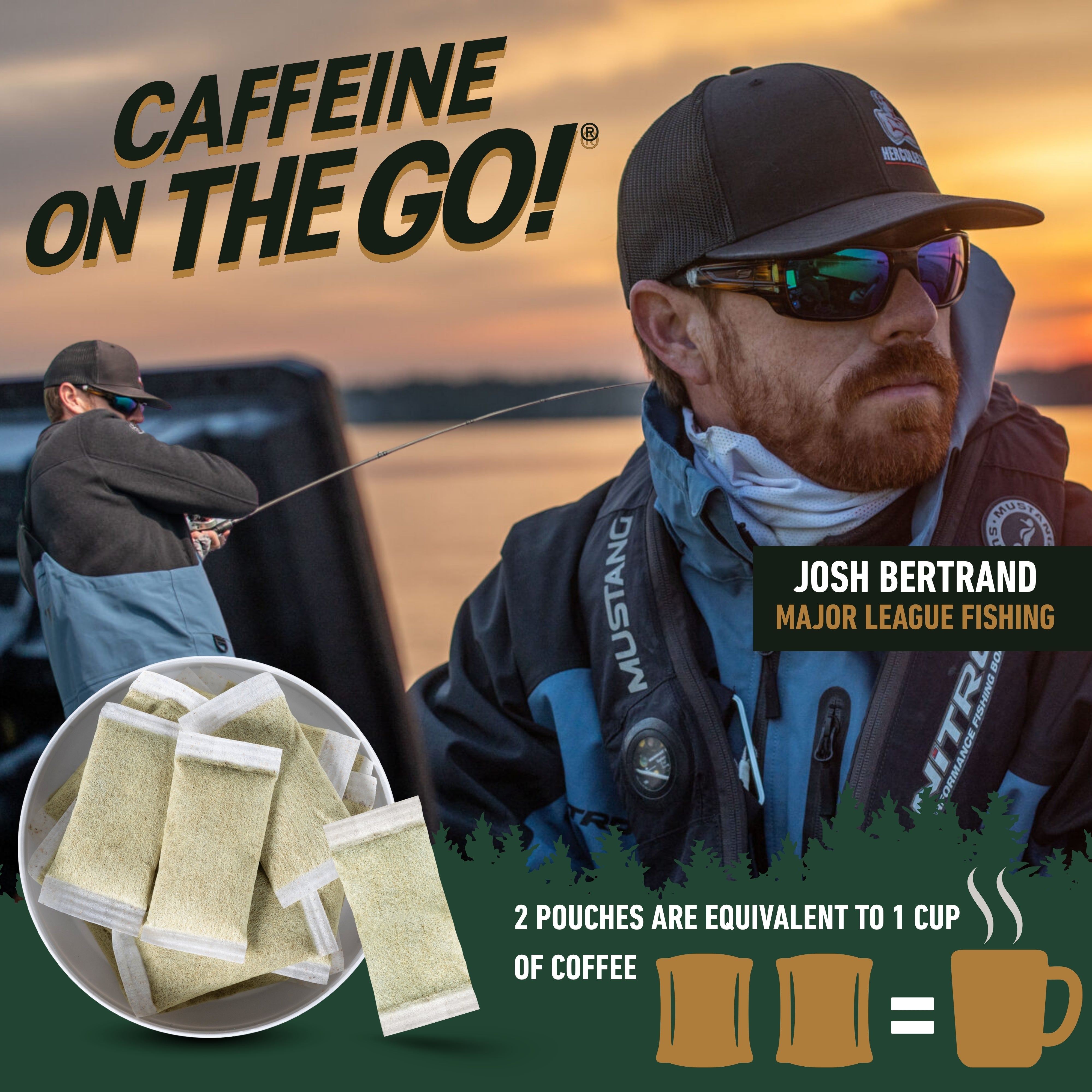 Promotional graphic for Caffeine on the Go! featuring Josh Bertrand, a major league fisherman, wearing a black cap and sunglasses. The image includes a circular inset showing the light beige caffeine pouches, a fishing scene in the background, and text indicating that two pouches are equivalent to one cup of coffee.