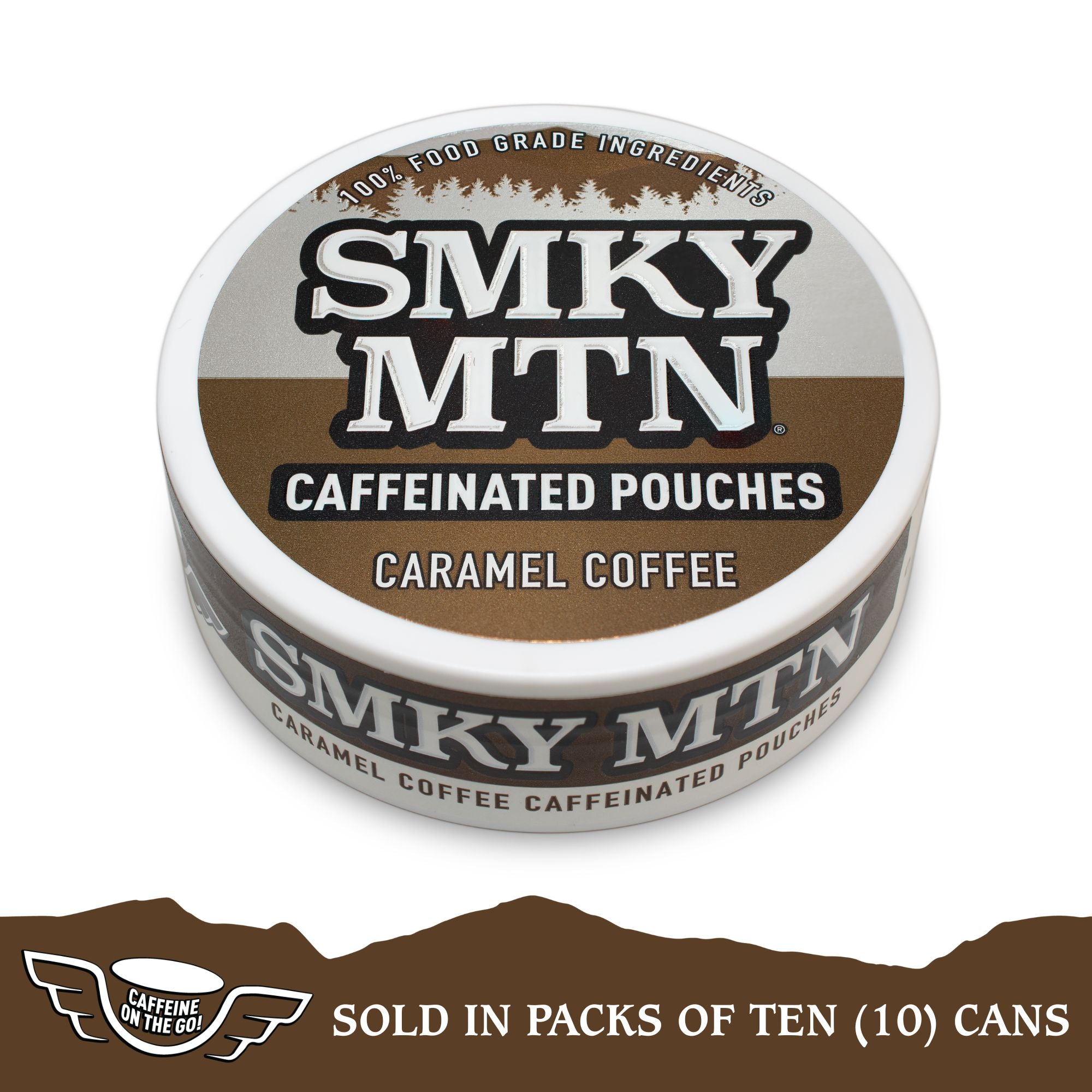 A collection of Smokey Mountain Caffeinated Pouches in various flavors, including Wintergreen, displayed in packs of ten cans.