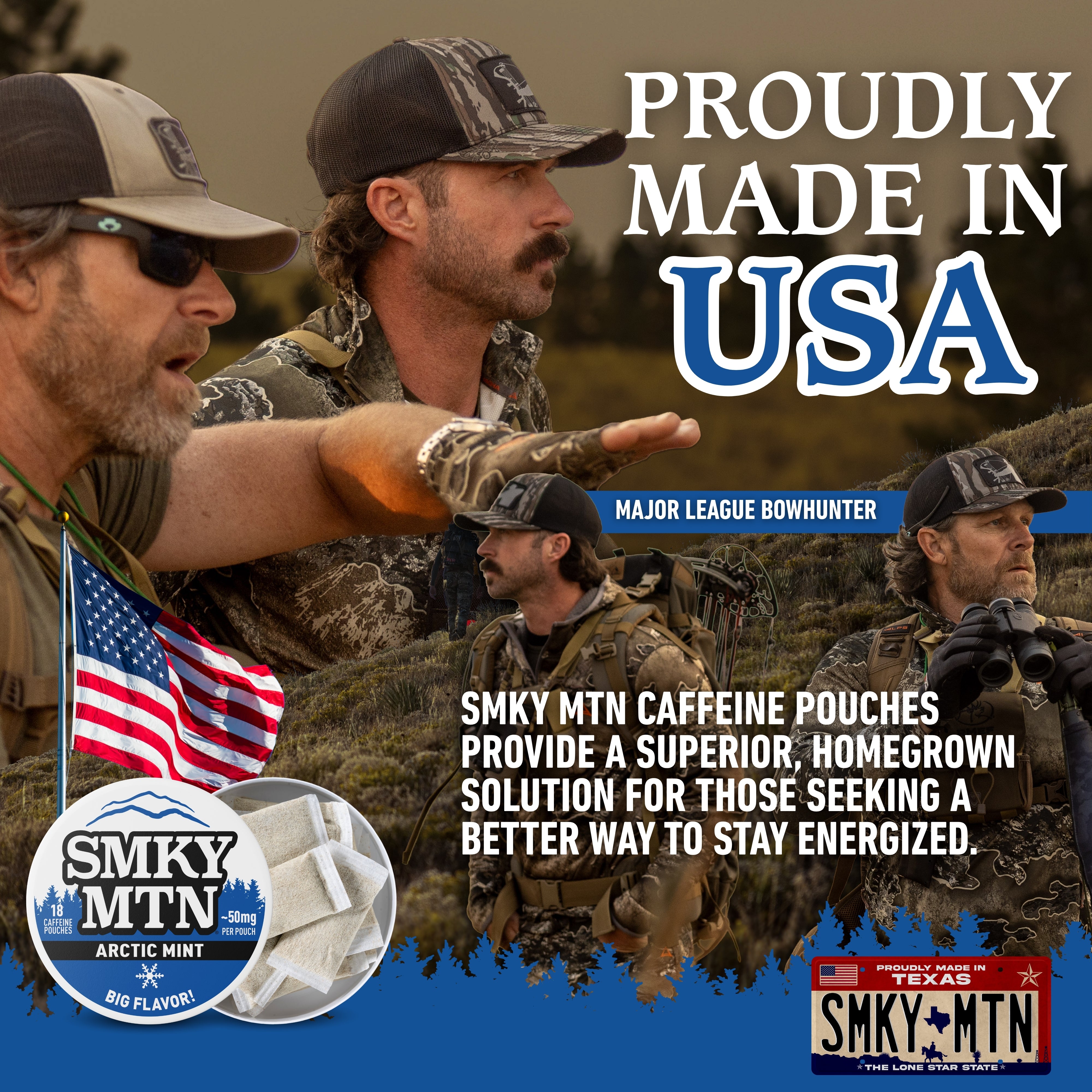 Advertisement major league bowhunter with text 'Proudly Made in USA' and 'SMKY MTN' branding.