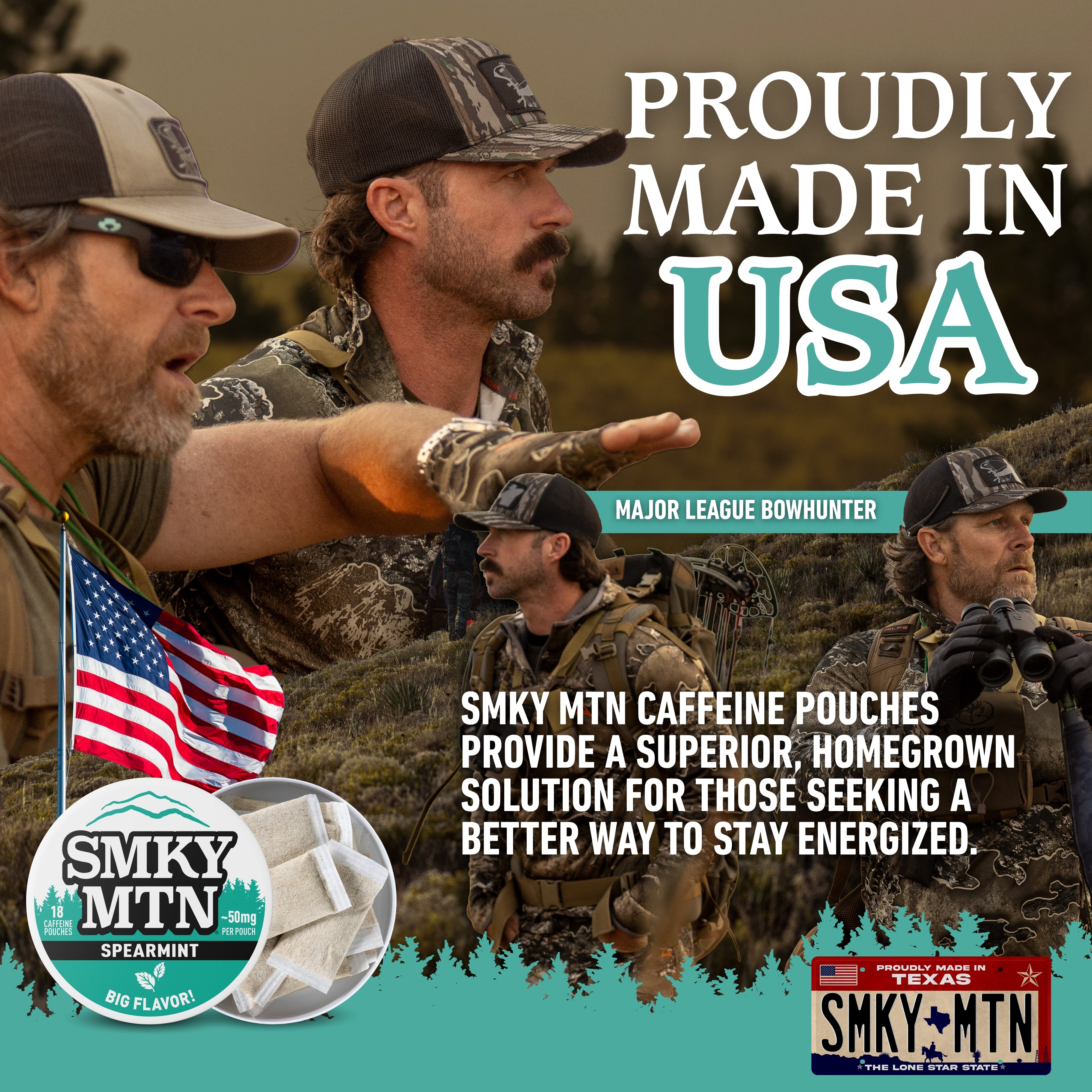 Advertisement featuring major league bowhunter with text 'Proudly Made in USA' and promotional content for Smky MTN caffeine pouches.