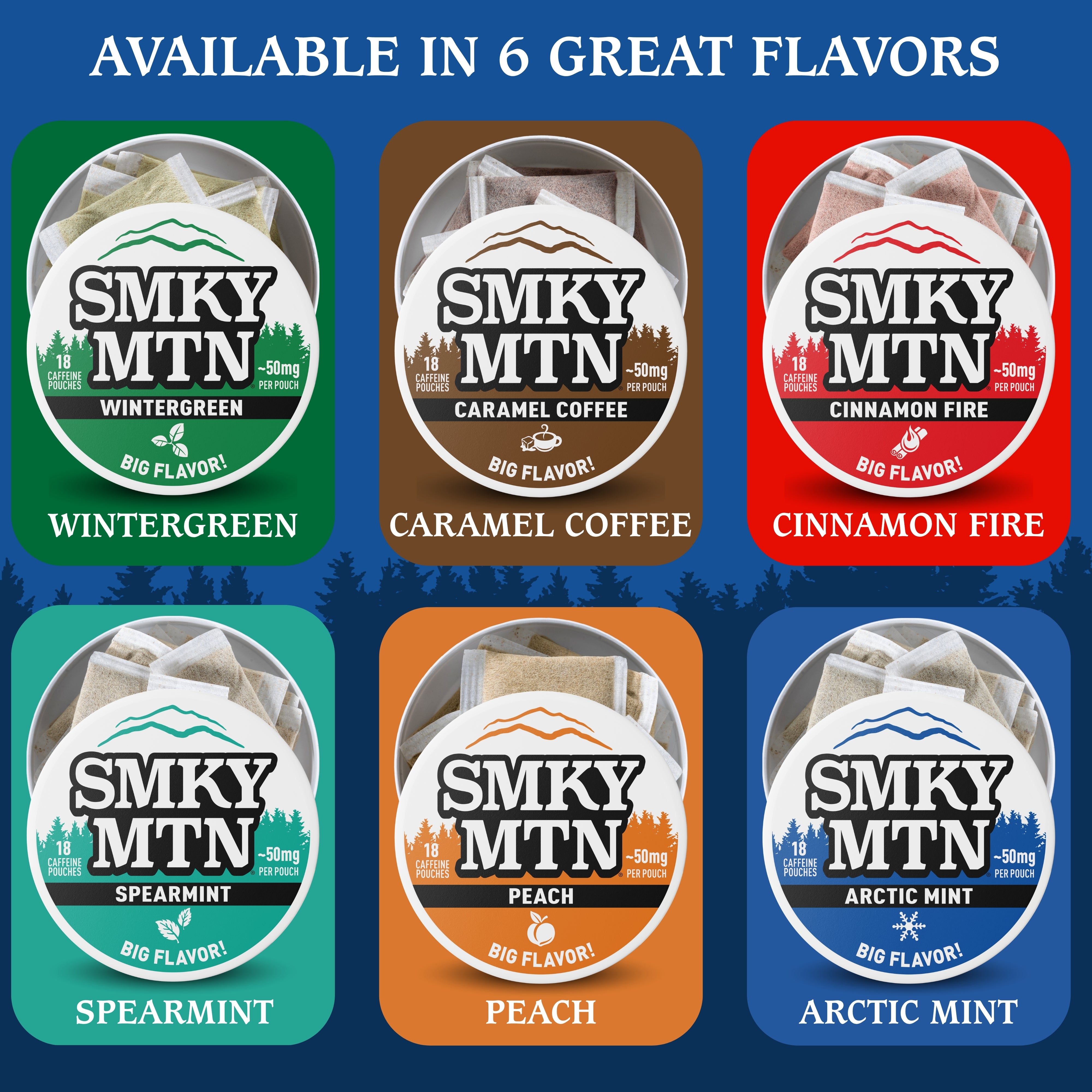 Smokey Mountain caffeine pouches packaging with various flavors on a blue background