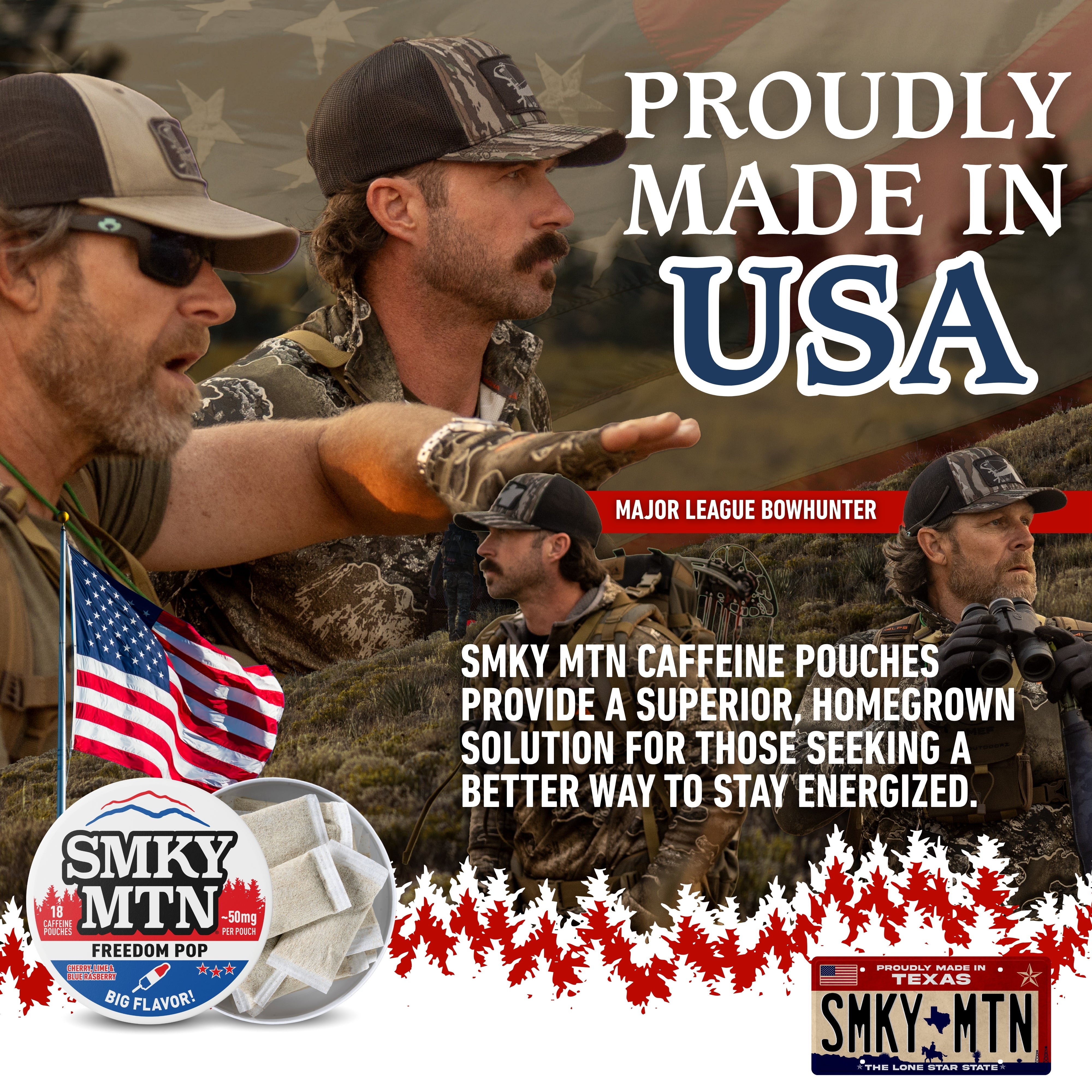Advertisement featuring two men in camouflage with text about SMKY MTN caffeine pouches and 'Proudly Made in USA'.