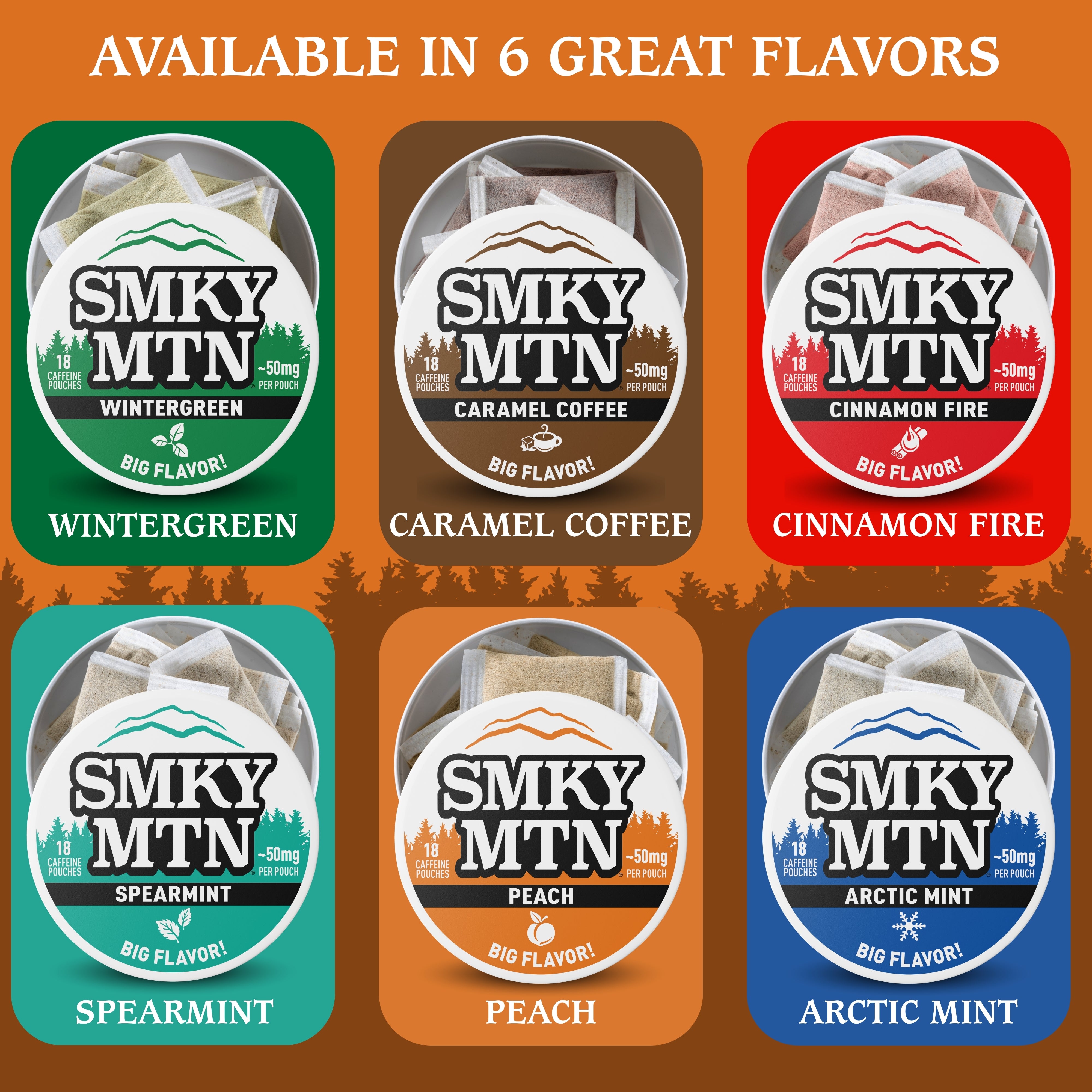 Smky MTN product packaging with various flavors on an orange background