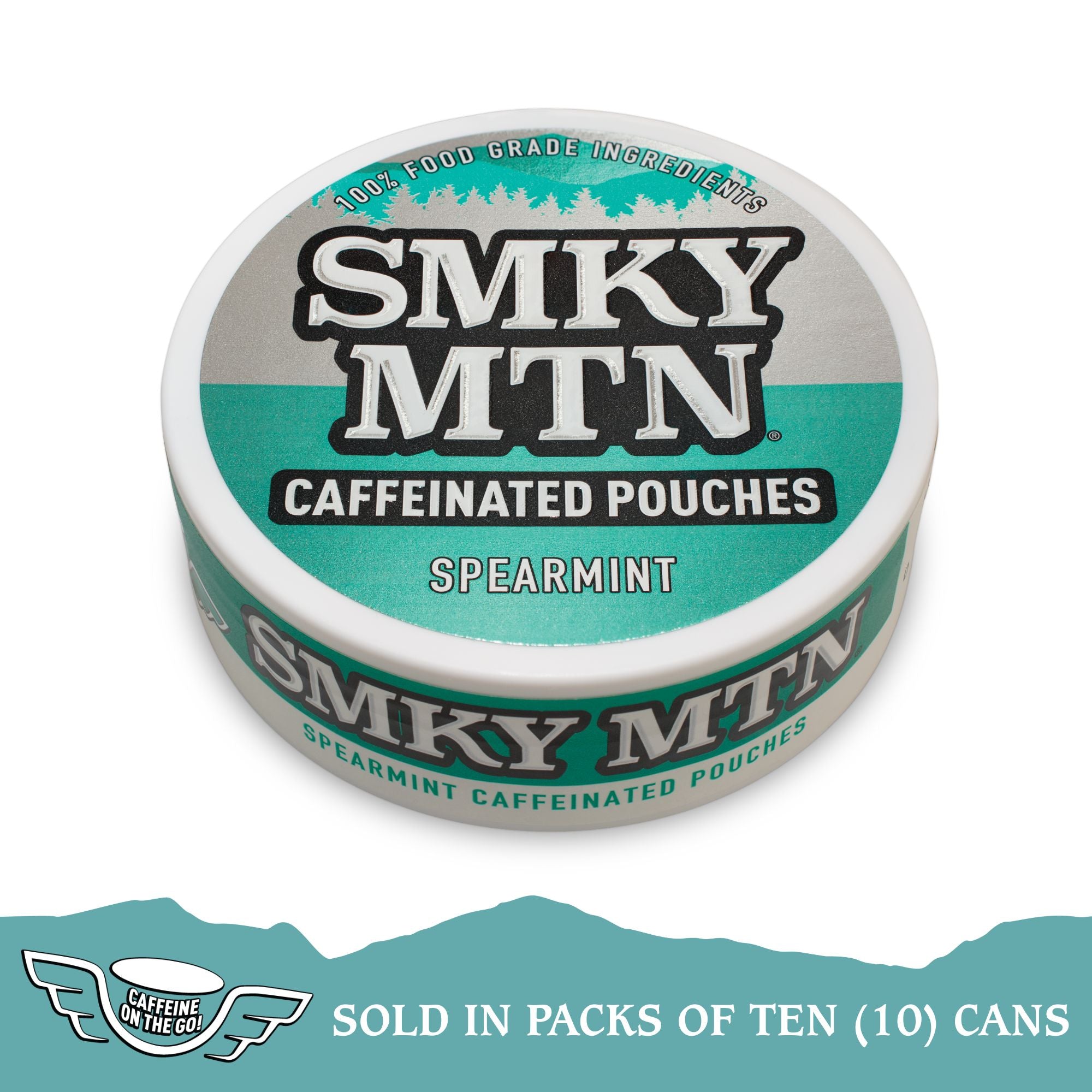A collection of Smokey Mountain Caffeinated Pouches in various flavors, including Wintergreen, displayed in packs of ten cans.