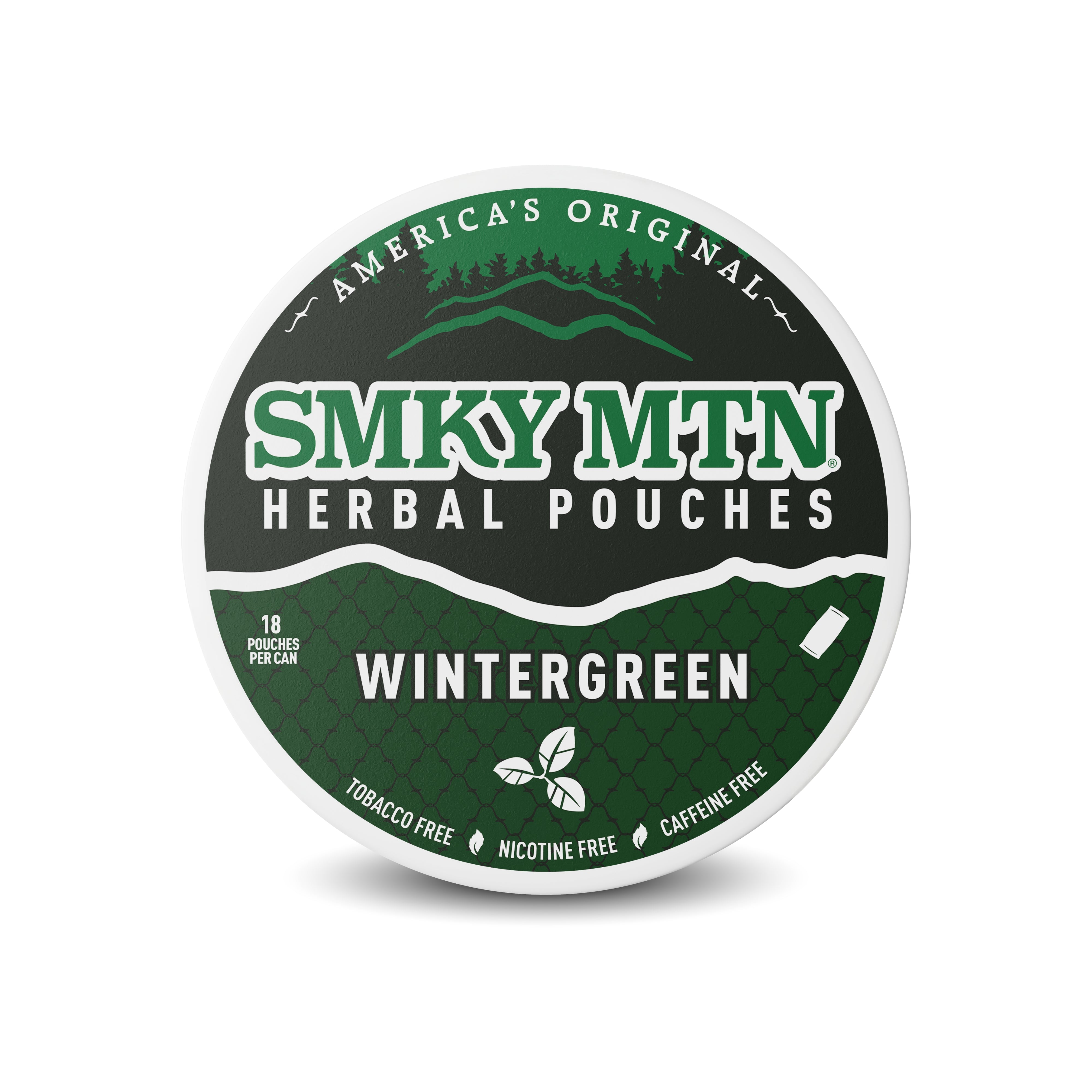 A round canister of Smky MTN Wintergreen Herbal Pouches, featuring a dark green and black label with white and green text, set against a plain white background.