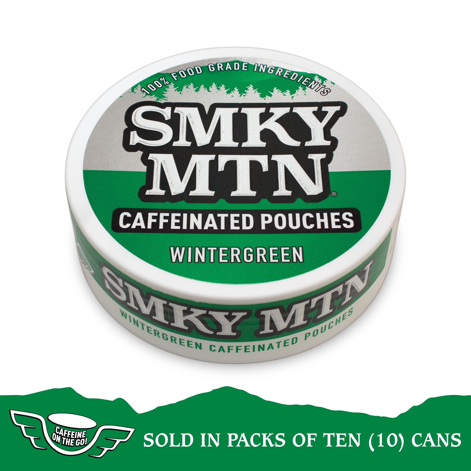 A collection of Smokey Mountain Caffeinated Pouches in various flavors, including Wintergreen, displayed in packs of ten cans.