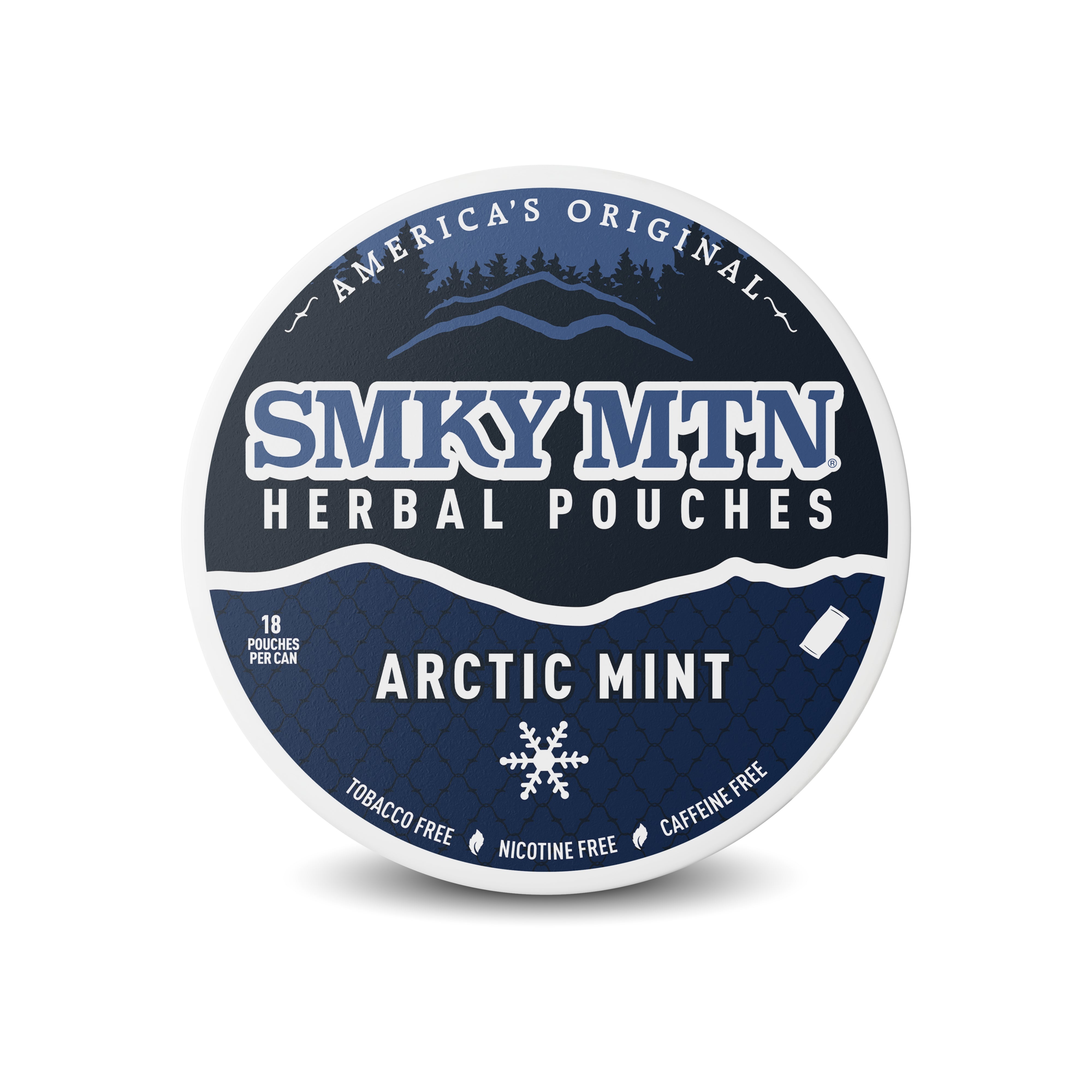 A round tin of Smky MtN Herbal Pouches in Arctic Mint flavor, featuring a dark blue and white label with a mountain graphic and snowflake icon, set against a plain white background.