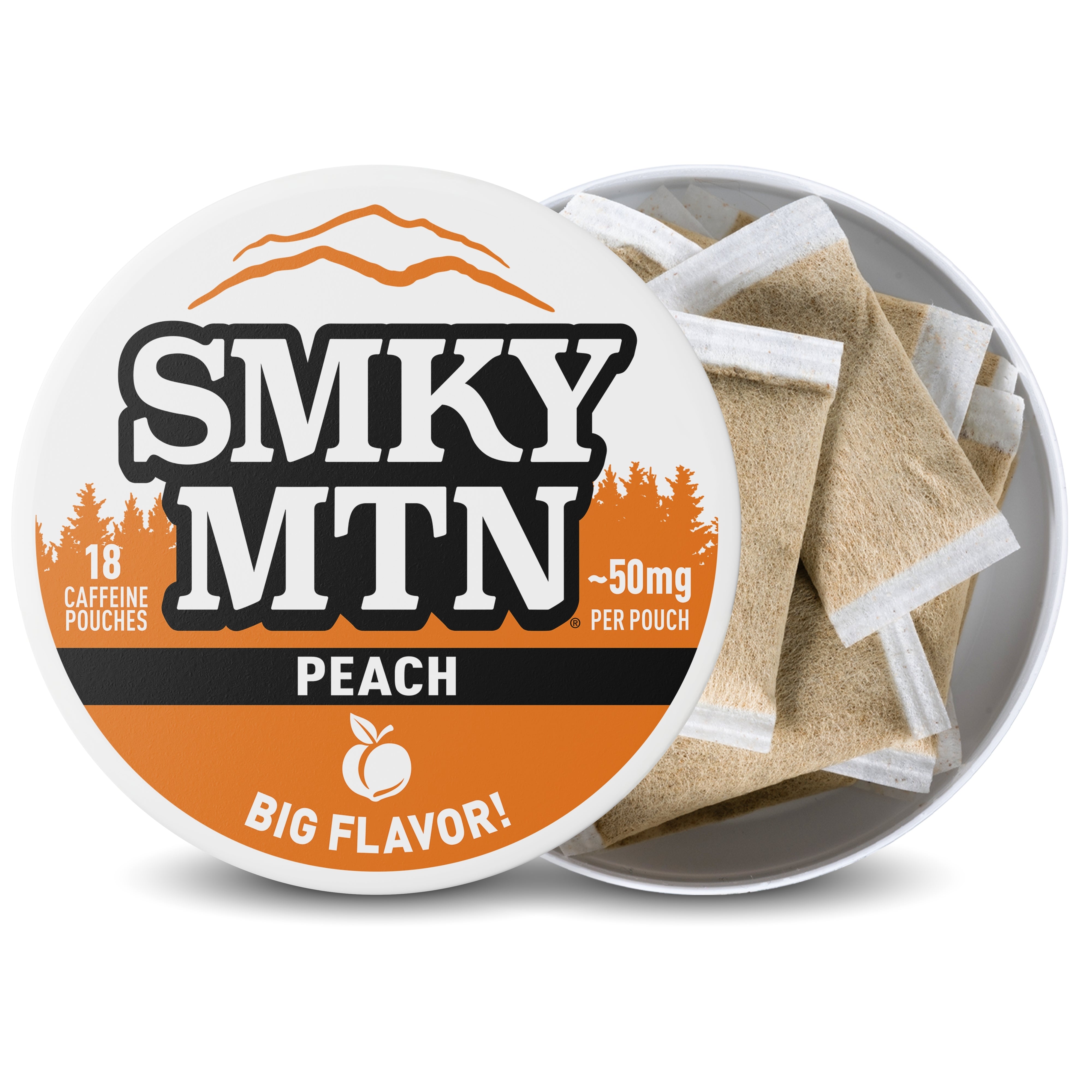 Smky MTN Peach caffeine pouches in a container on a white background