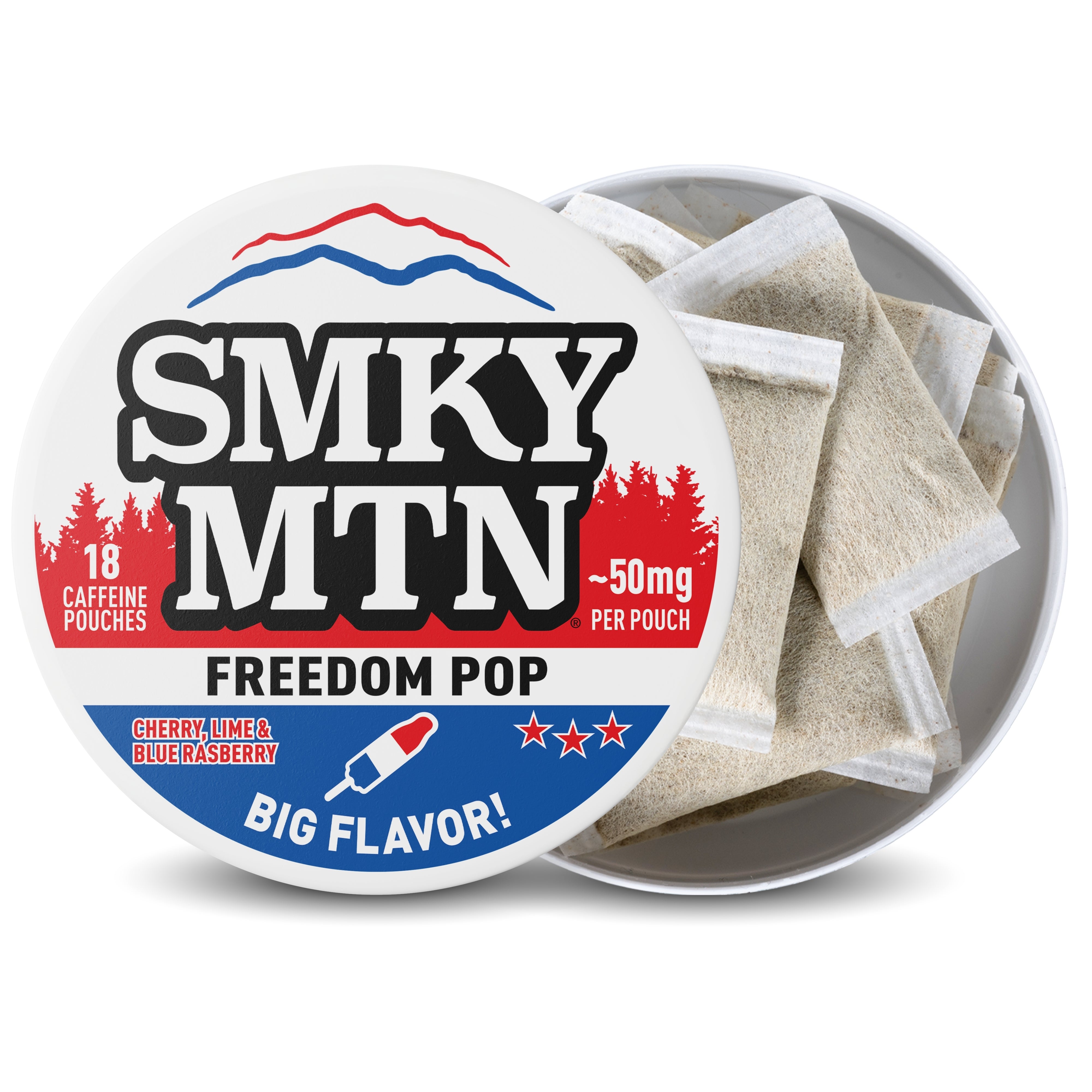 Smky MTN Freedom Pop packaging with caffeine pouches inside on a white background
