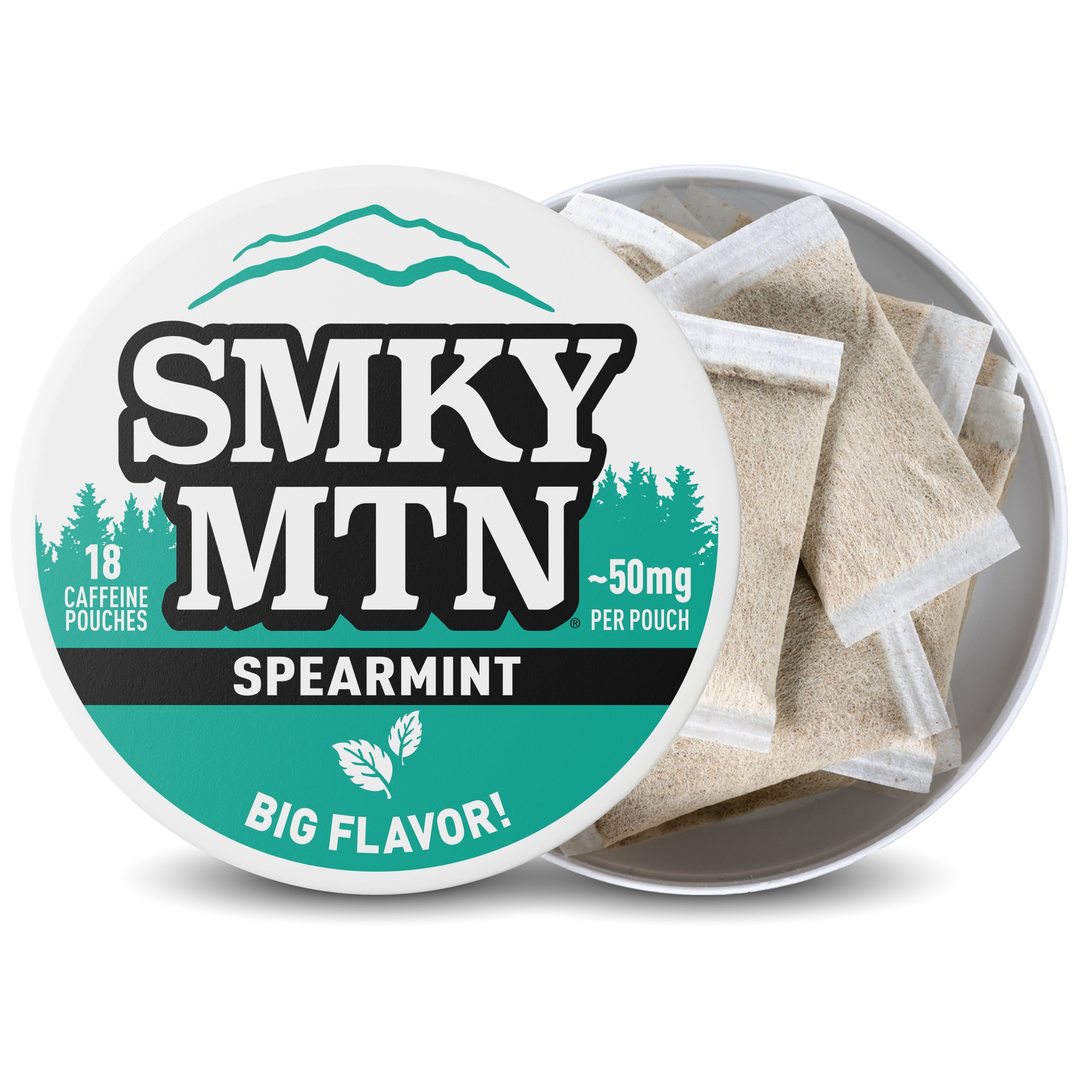 Smky MTN spearmint caffeine pouches package with pouches inside on a white background