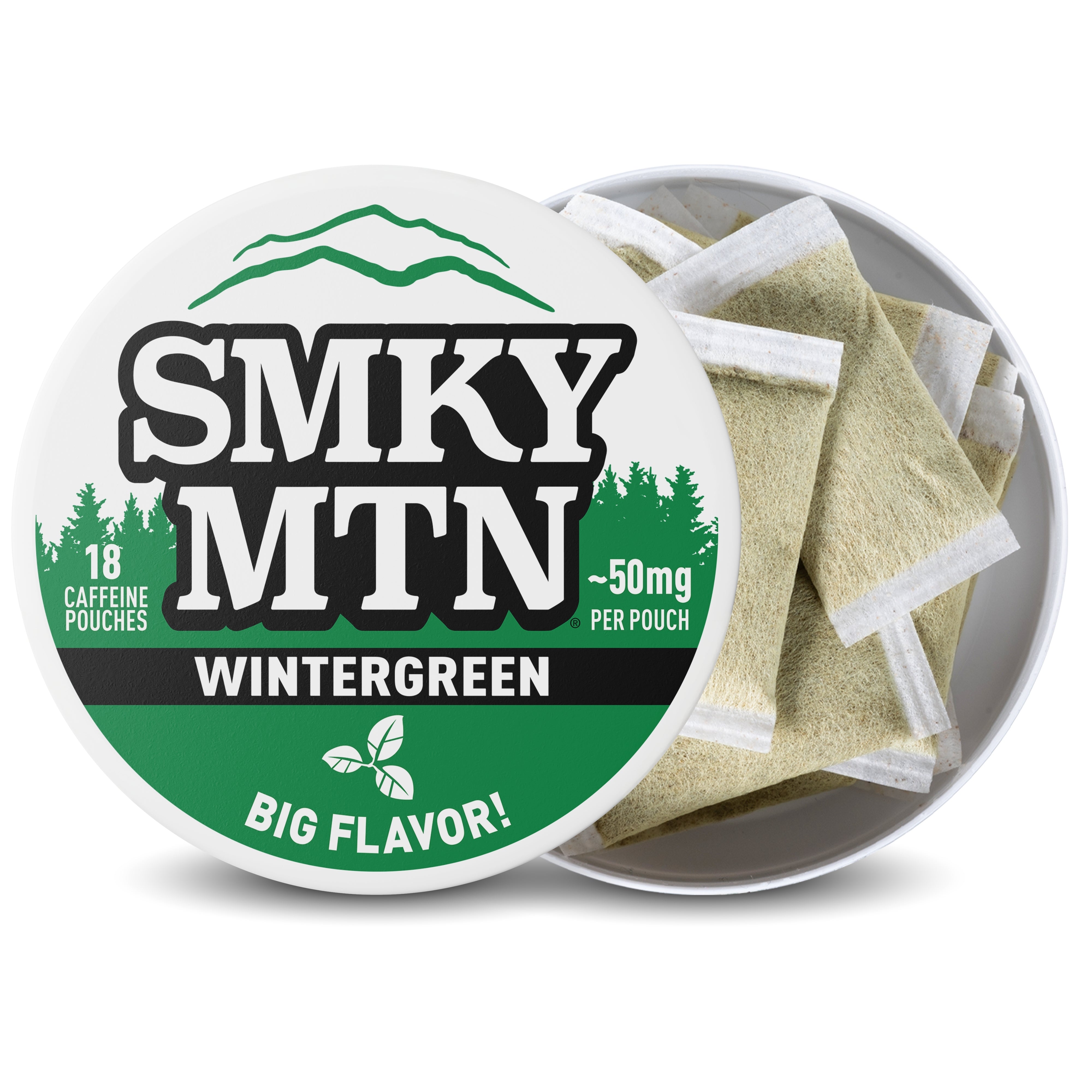 Smky MTN Wintergreen caffeine pouches in a container on a white background