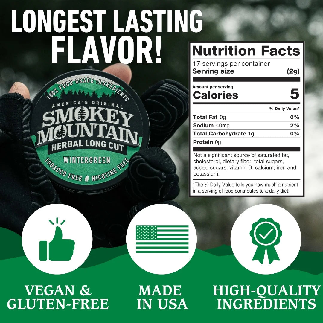 Smokey Mountain herbal long cut product with nutrition facts and certification icons on a green background