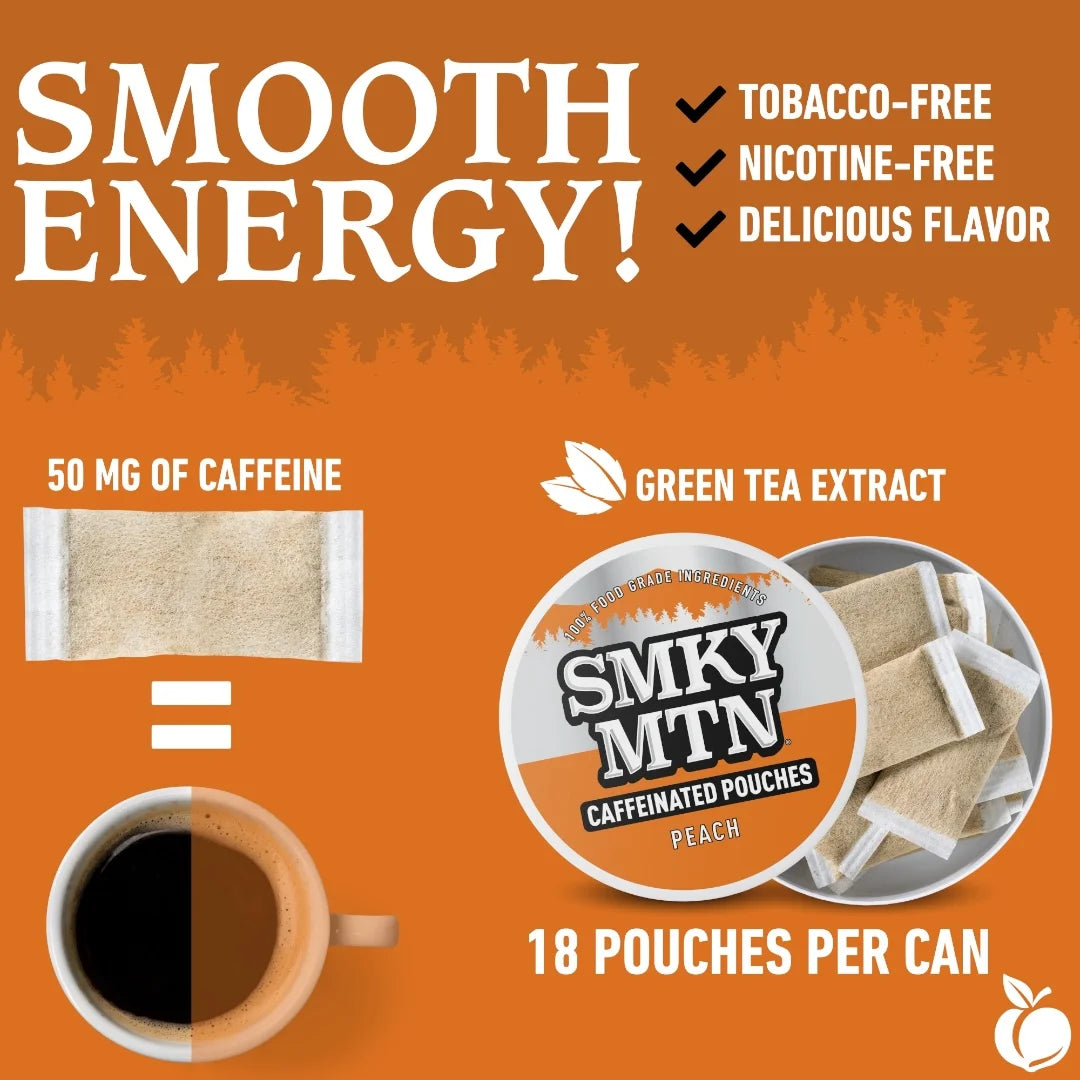 Advertisement for Smoky Mountain caffeinated pouches with coffee cup and product packaging on an orange background.