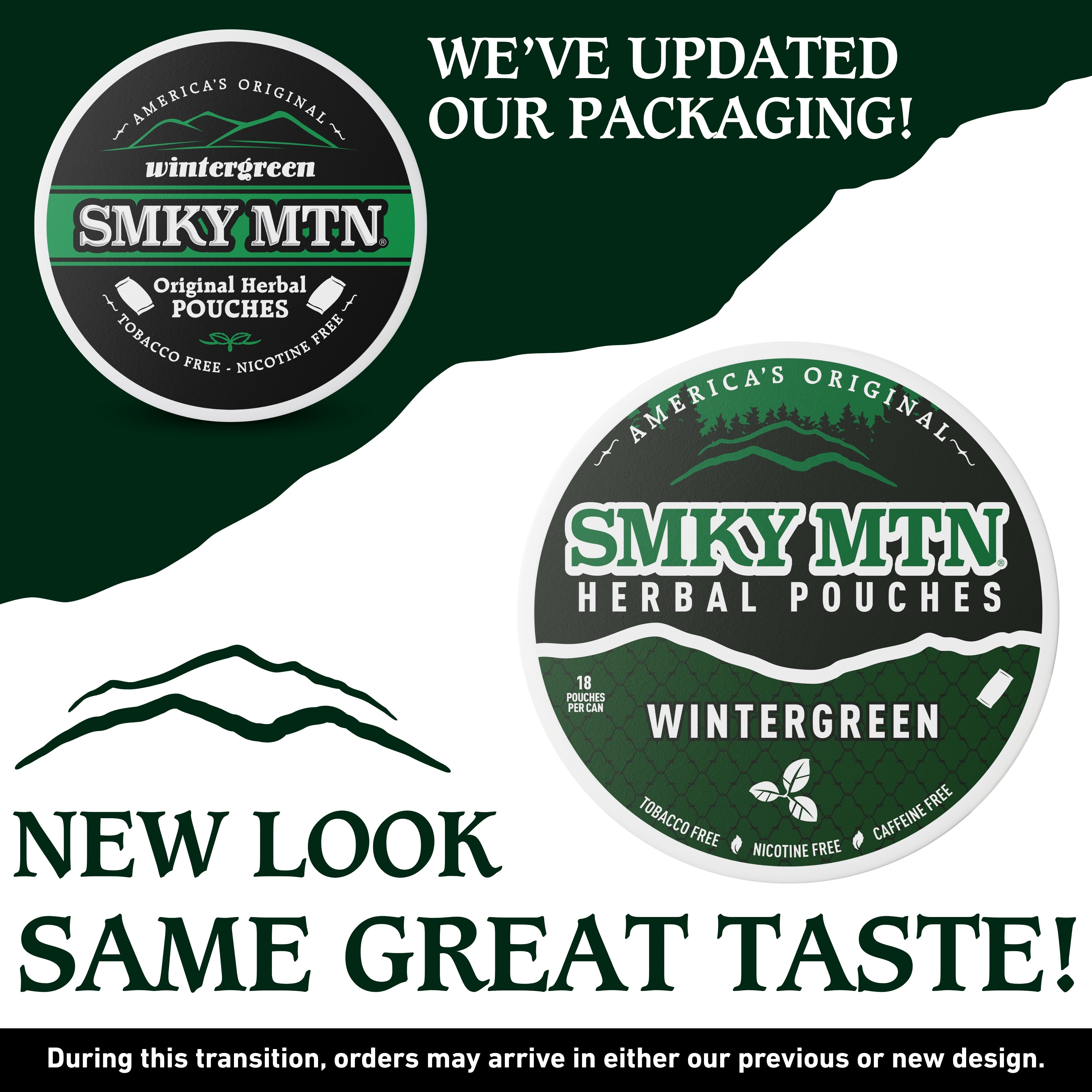Promotional graphic for SMKY MTN Wintergreen caffeine-free Herbal Pouches showing the updated circular packaging design. The design features a dark green and white color scheme with the brand name 'SMKY MTN' in bold green letters, 'WINTERGREEN' at the bottom, and 'Original Herbal Pouches' on the top.